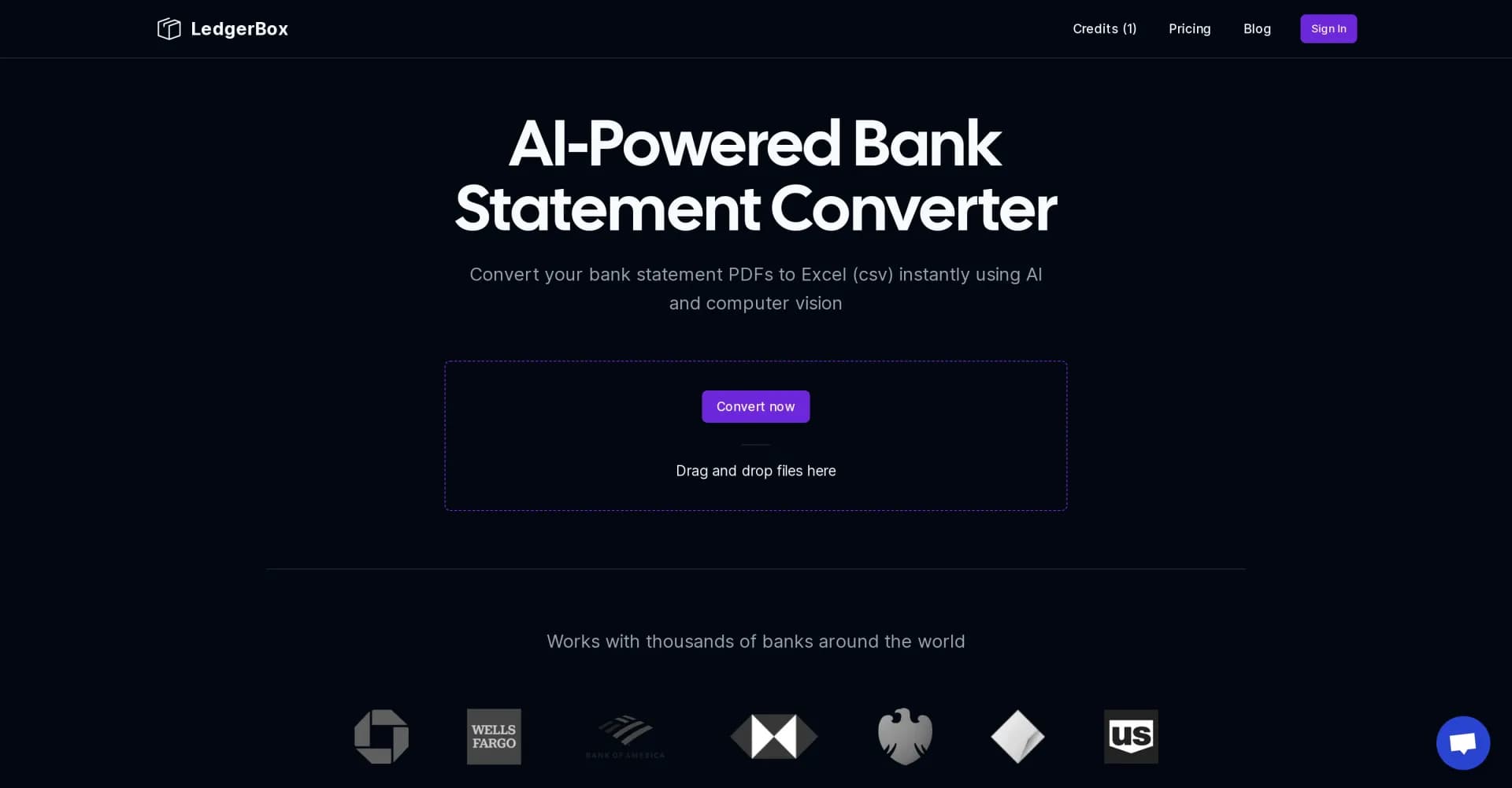 LedgerBox homepage screenshot — Convert bank statements to Excel instantly with AI.
