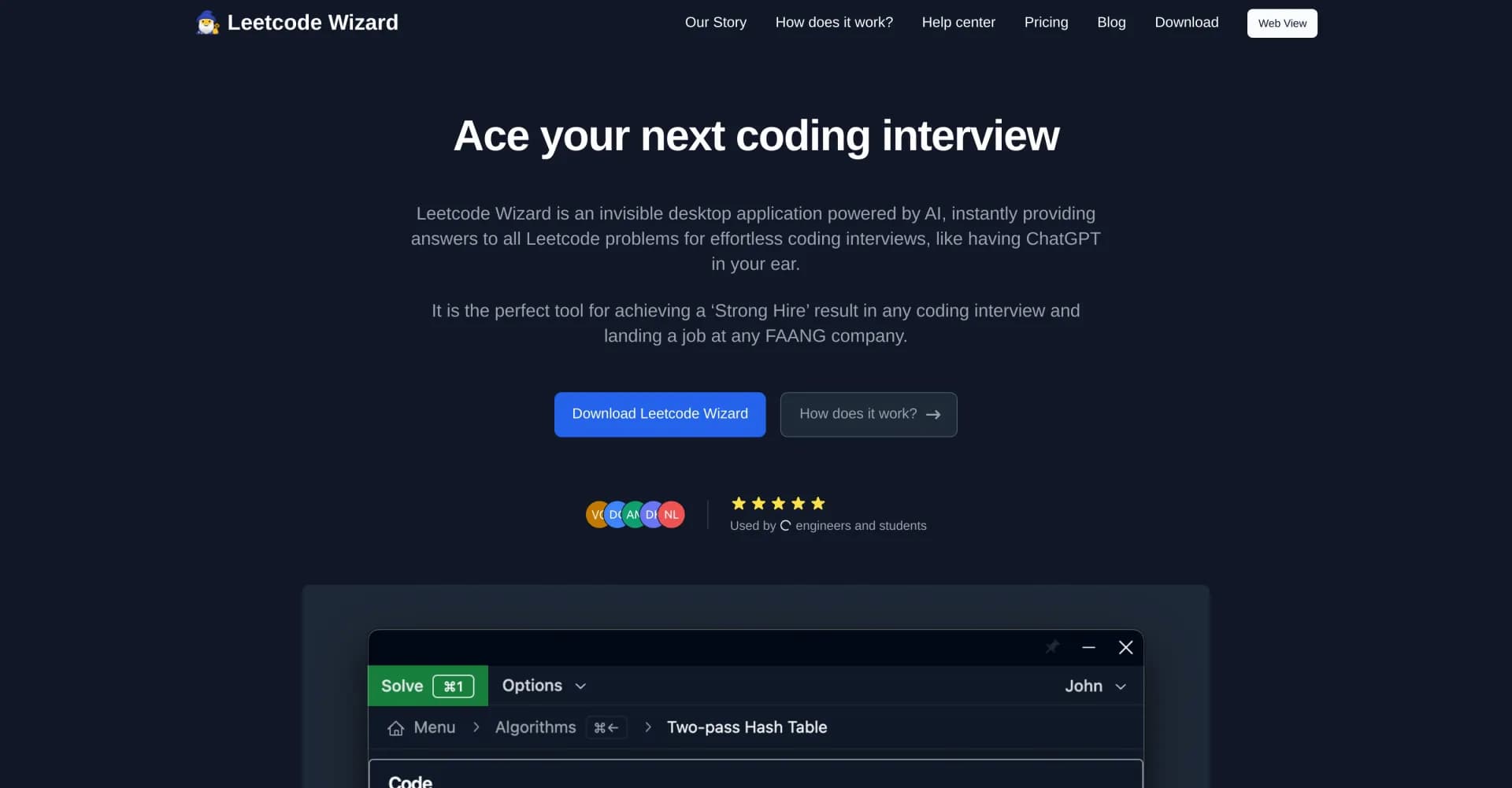 Leetcode Wizard homepage screenshot — AI-powered coding interview assistant for instant LeetCode s