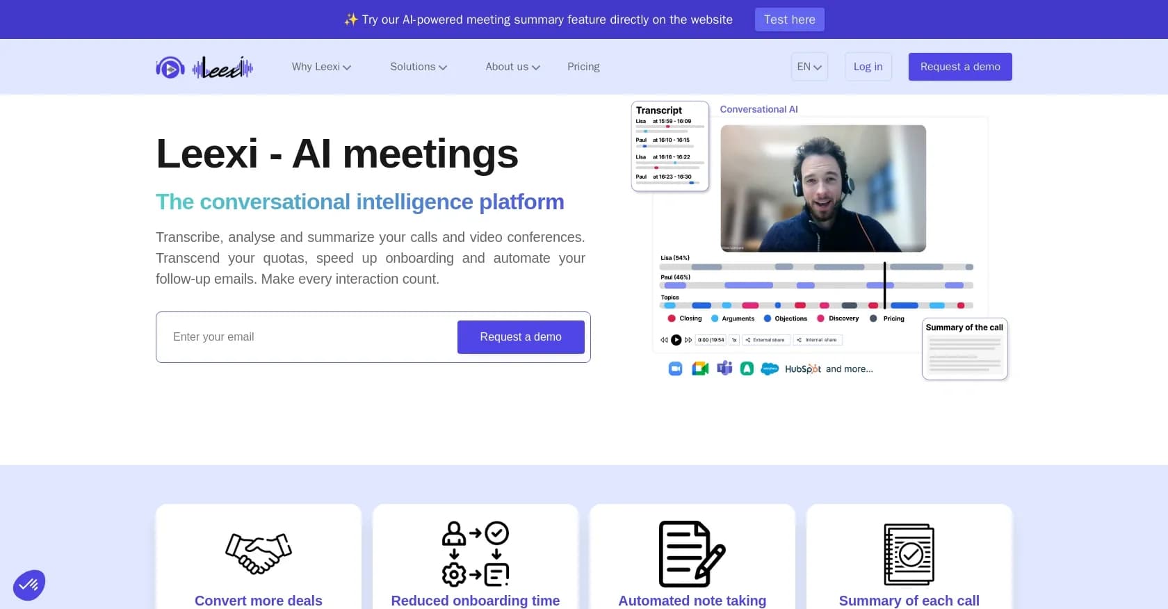 Leexi homepage screenshot — Transcribe, analyze and summarize calls intelligently.