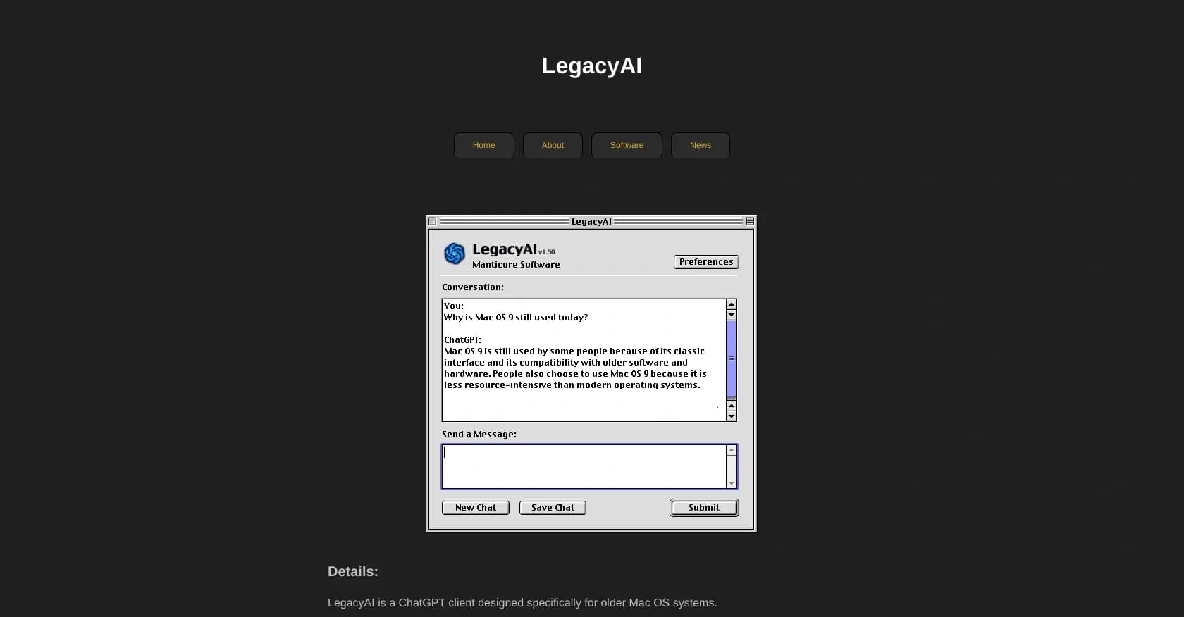 Legacy AI homepage screenshot — ChatGPT for older Mac OS systems
