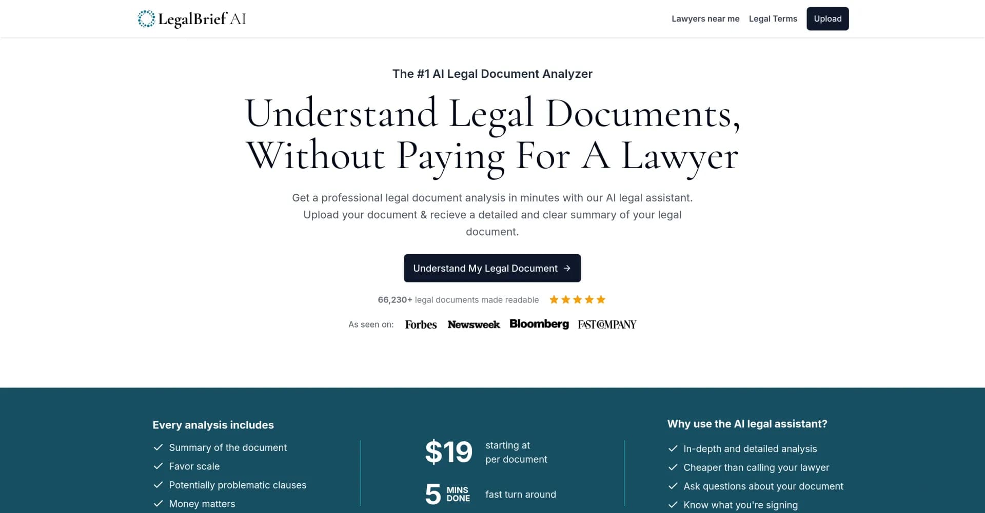 Legal Brief AI homepage screenshot — Understand legal documents in minutes, without a lawyer.