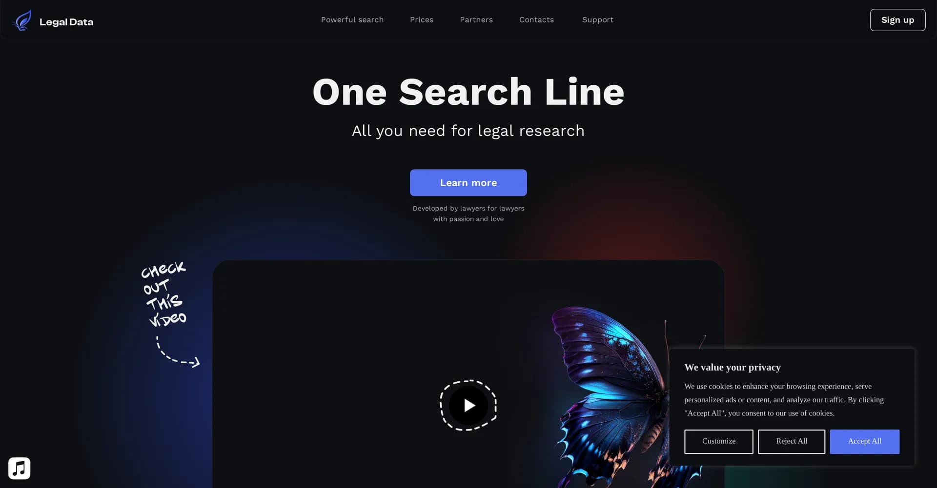 Legal Data Tech homepage screenshot — One search line for powerful legal research