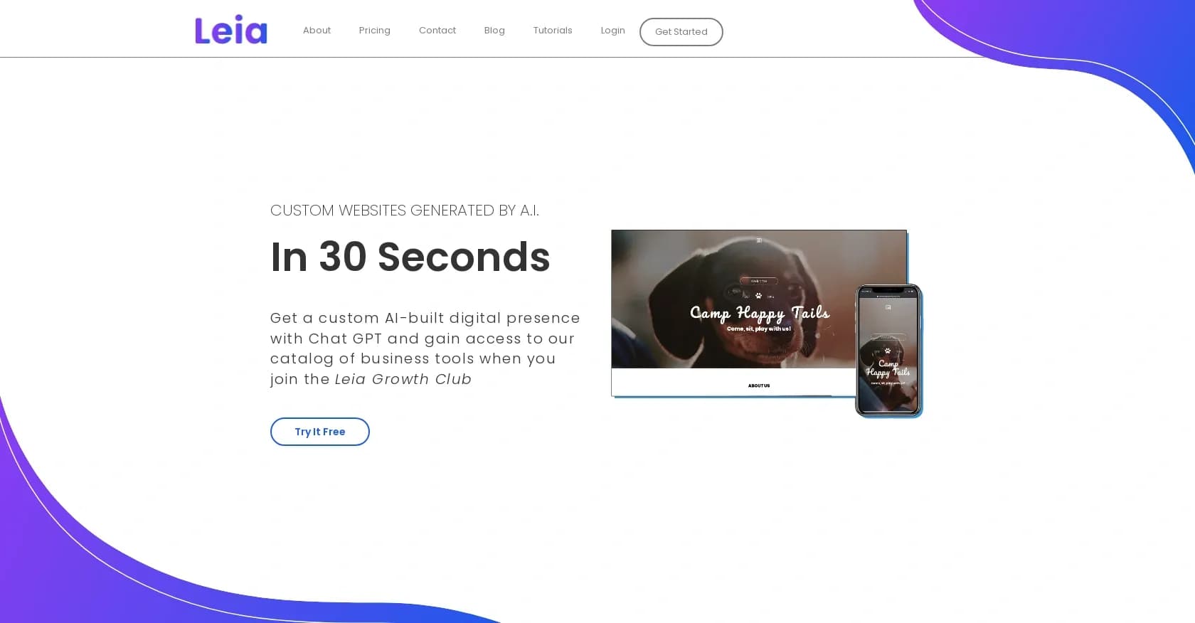 Leia homepage screenshot — Create a custom digital presence in seconds with AI
