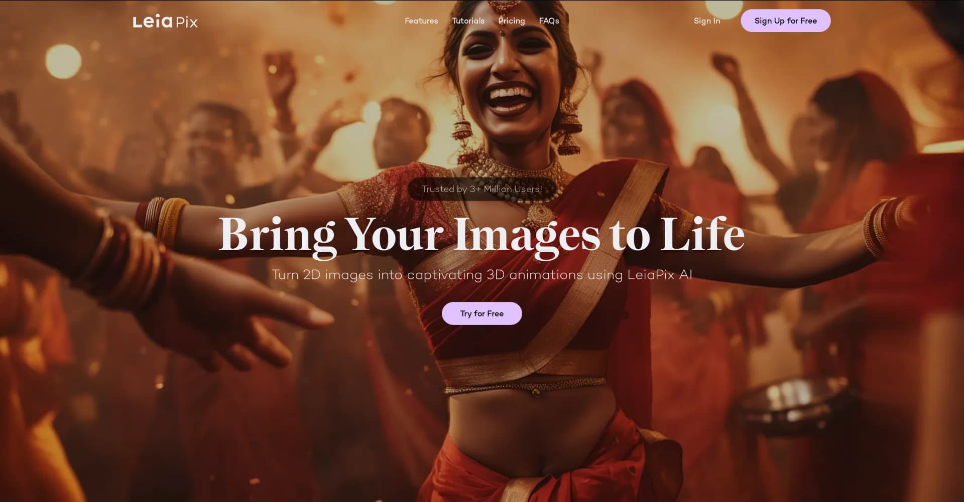LeiaPix homepage screenshot — Turn 2D images into eye-catching 3D animations.