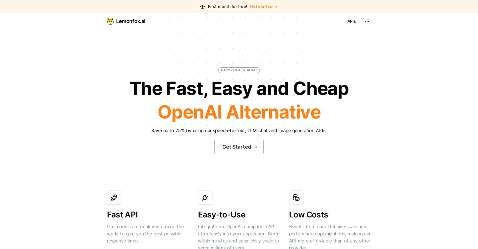 Lemonfox homepage screenshot — Affordable AI APIs: Fast, easy, and cheap OpenAI alternative