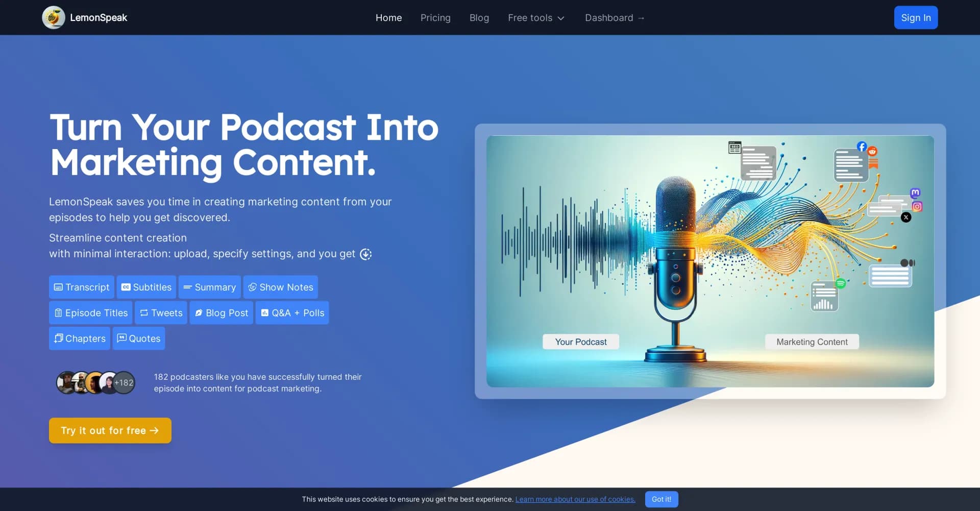 LemonSpeak homepage screenshot — Turn podcasts into automated marketing content