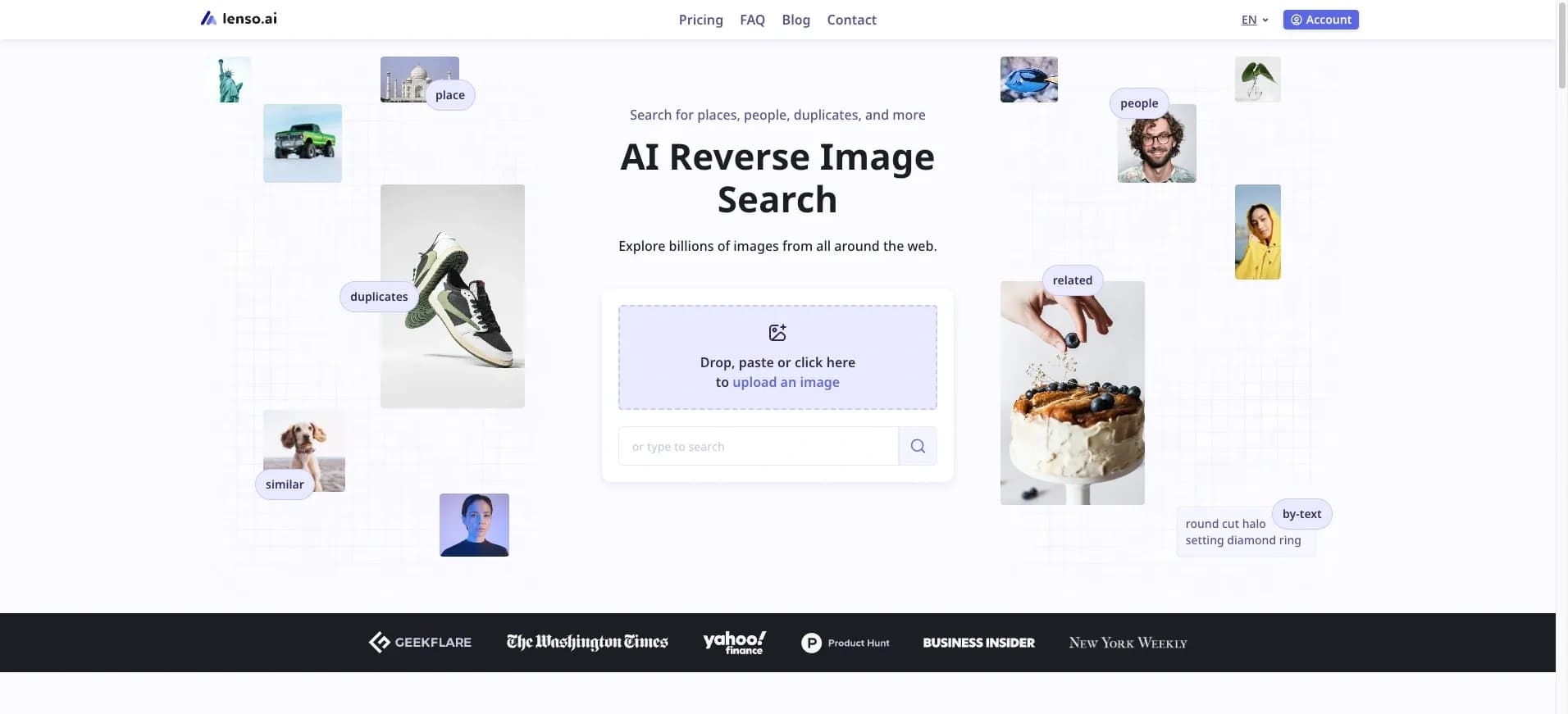 Lenso.aiv2.0 homepage screenshot — Search for places, people, duplicates, and more with AI-powe
