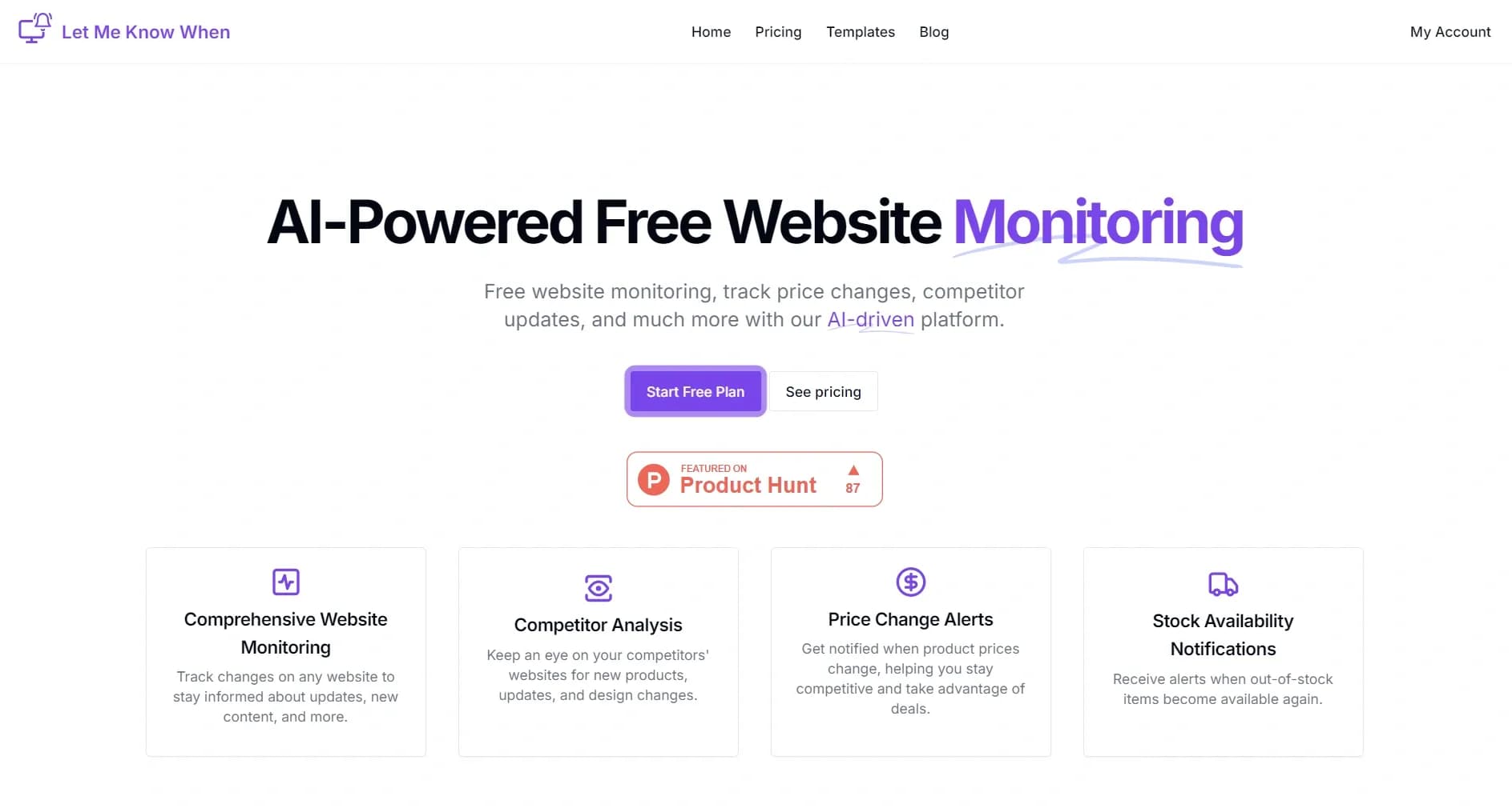 Let Me Know When homepage screenshot — AI-powered alerts for website changes
