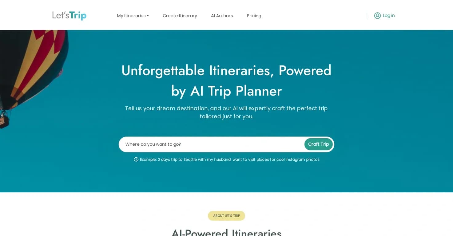 Let's Trip homepage screenshot — AI-powered travel planner for unforgettable itineraries