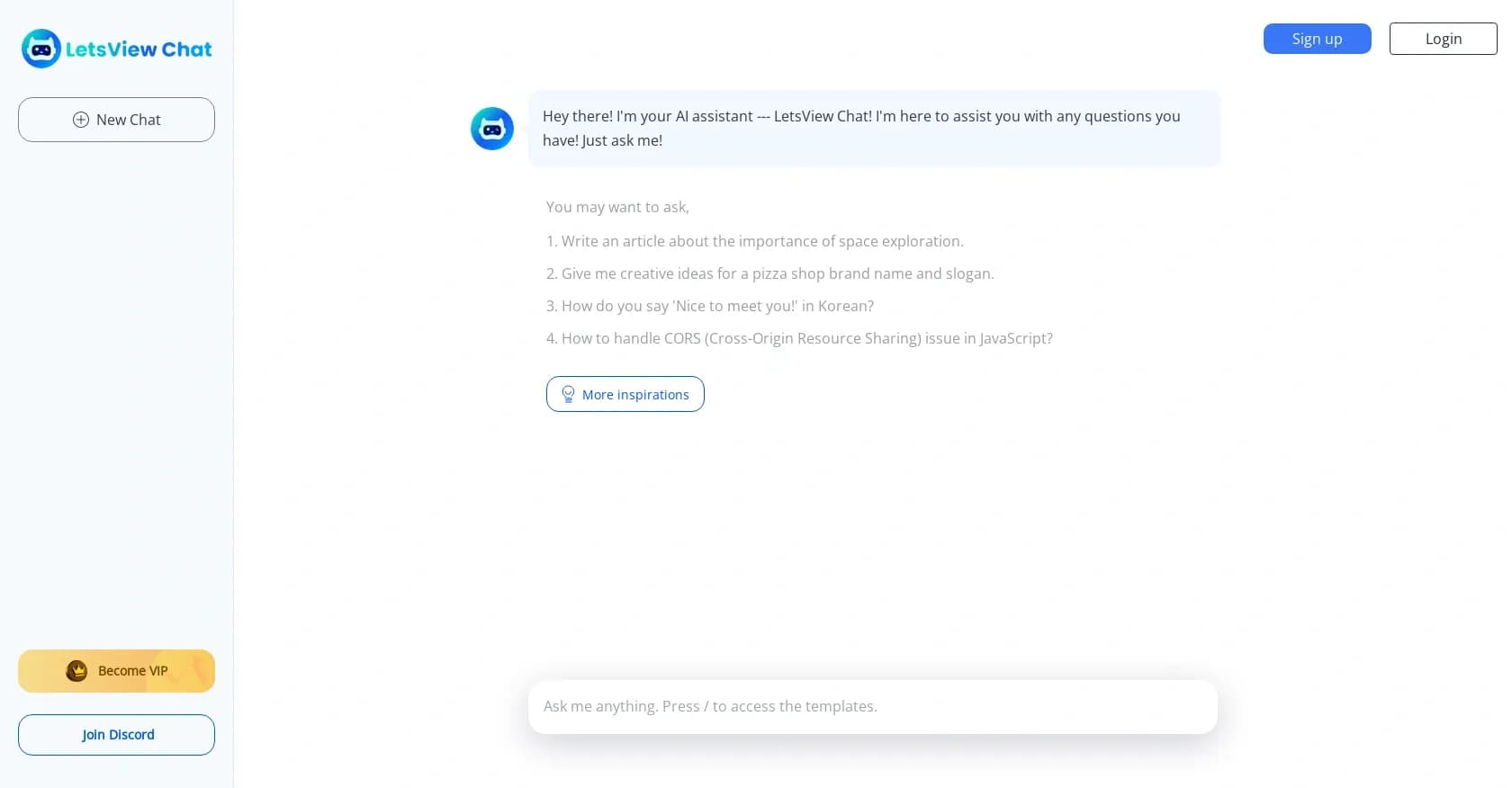 LetsView Chat homepage screenshot — Chat with AI for instant answers to any question