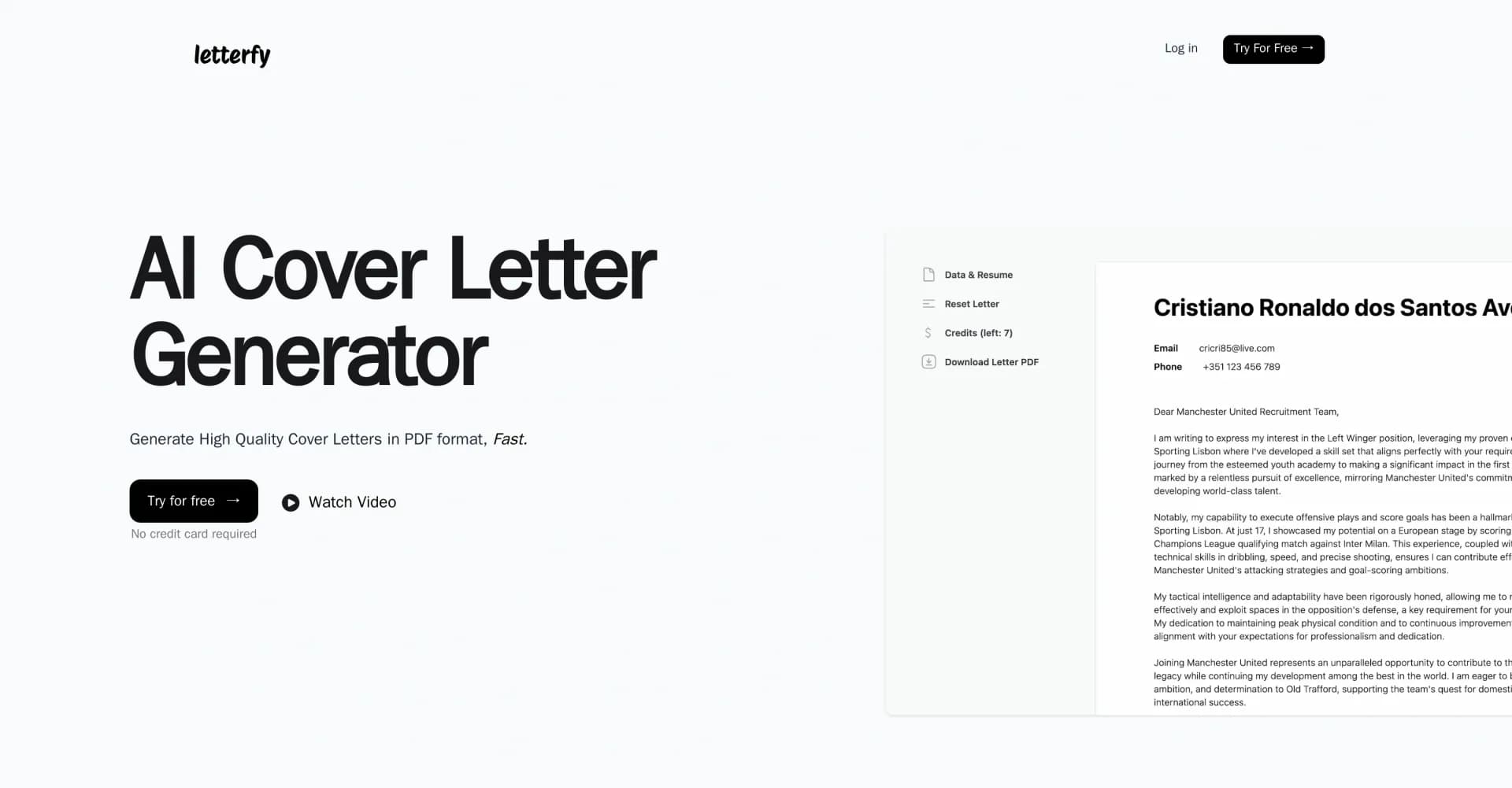 Letterfy homepage screenshot — Generate high-quality cover letters instantly