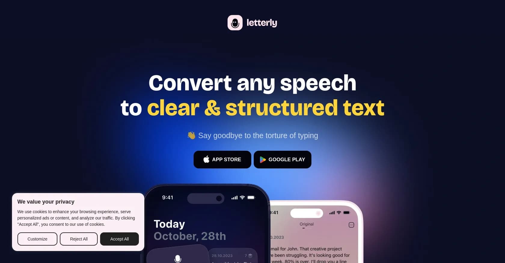 Letterly App homepage screenshot — Transform thoughts into words, bypassing the keyboard.