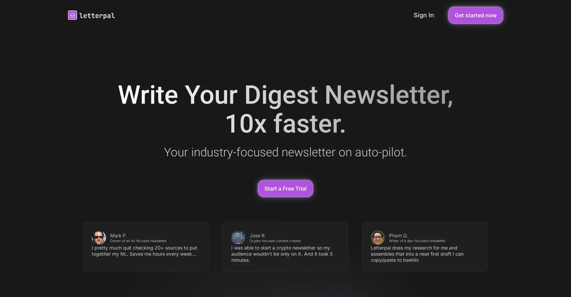 letterpal homepage screenshot — AI-powered assistant for industry newsletters on auto-pilot