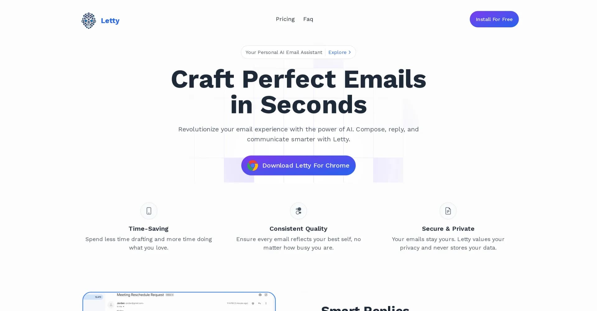 Letty homepage screenshot — AI-powered email assistant for seamless communication