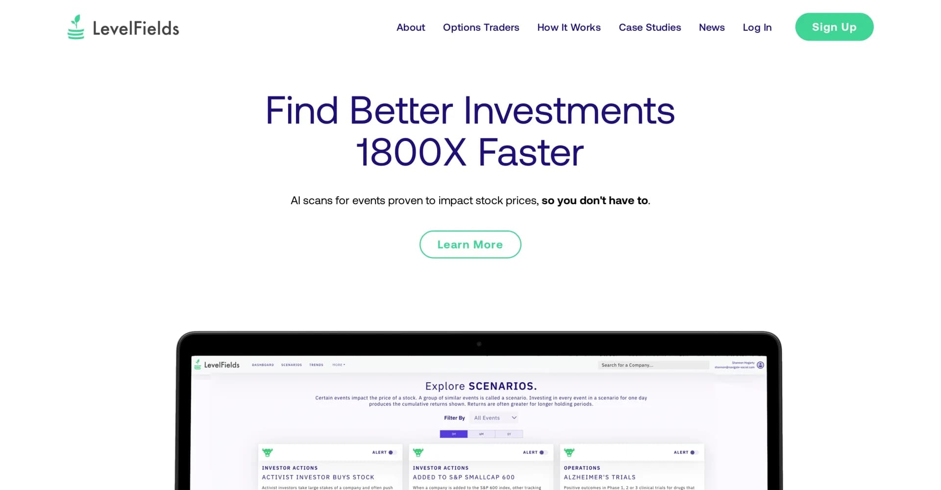 LevelFields homepage screenshot — AI finds stock trades that outperform the market.
