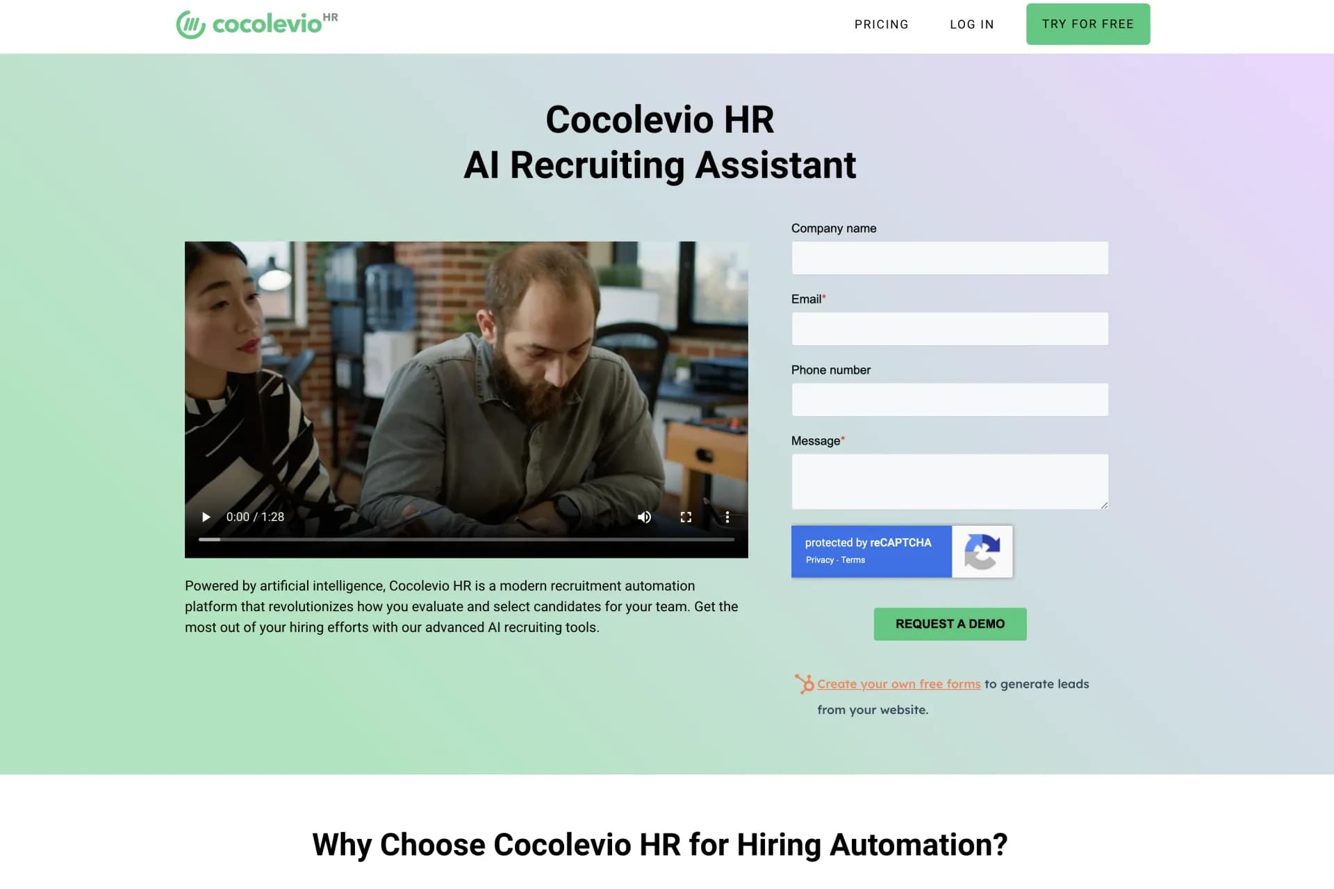 Cocolevio HR AI Recruiting Software homepage screenshot — AI-powered recruiting assistant for smarter hiring.