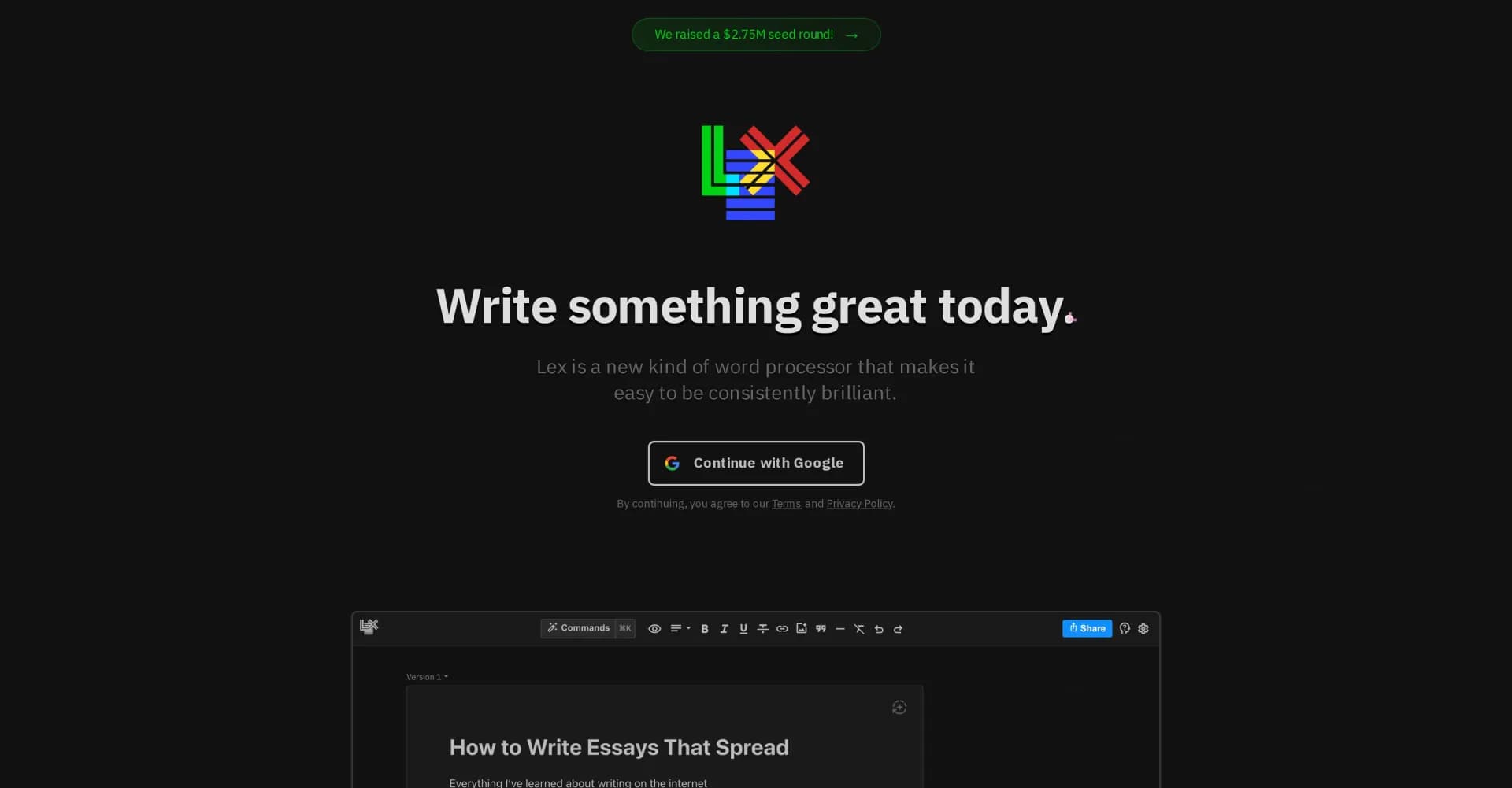 Lex homepage screenshot — AI-powered word processor for brilliant writing
