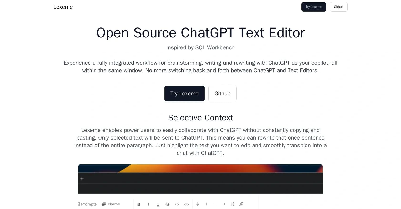 Lexeme homepage screenshot — ChatGPT-powered text editor for seamless writing and editing