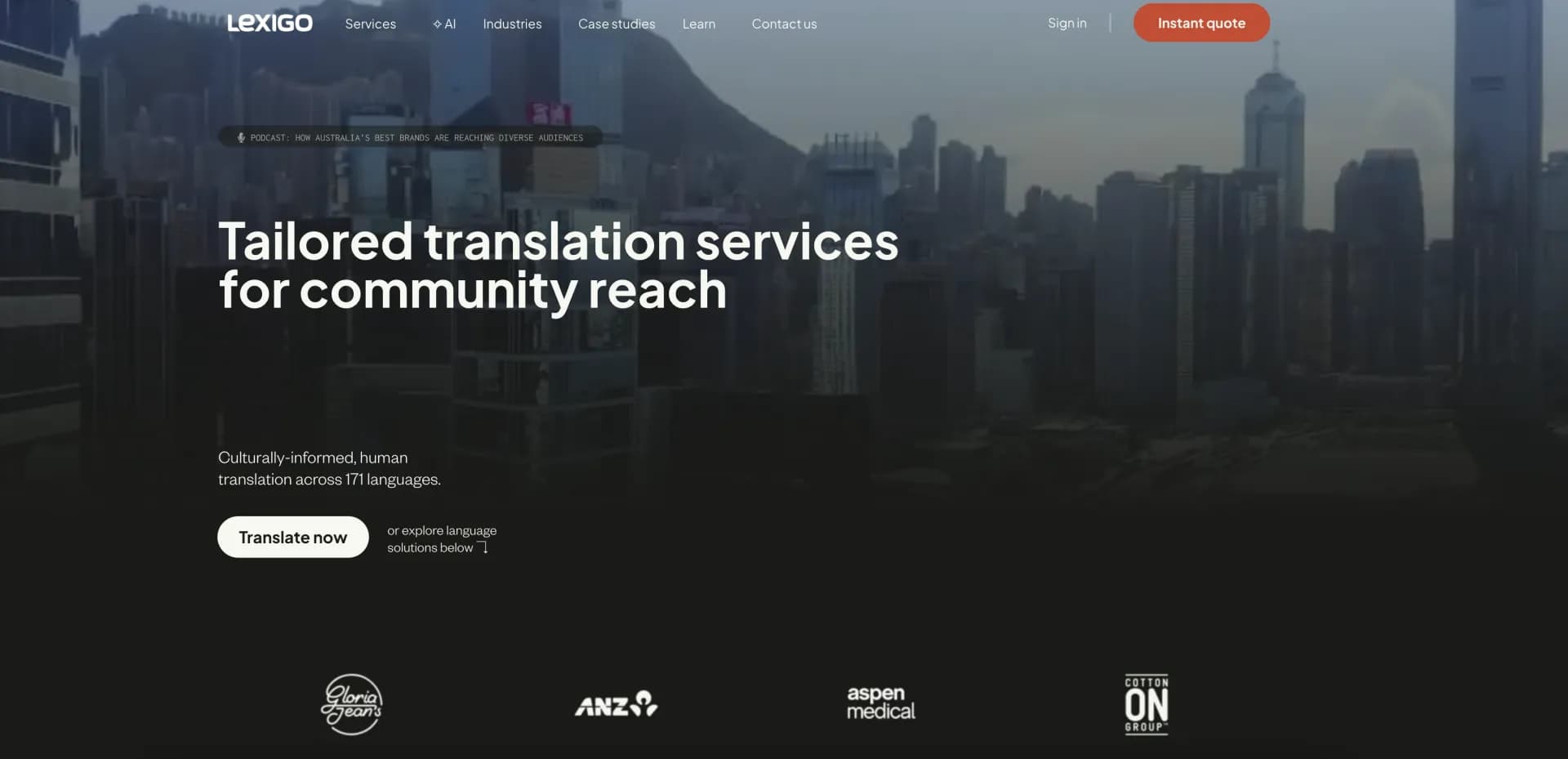 LEXIGO AI homepage screenshot — Translate instantly across 171 languages.