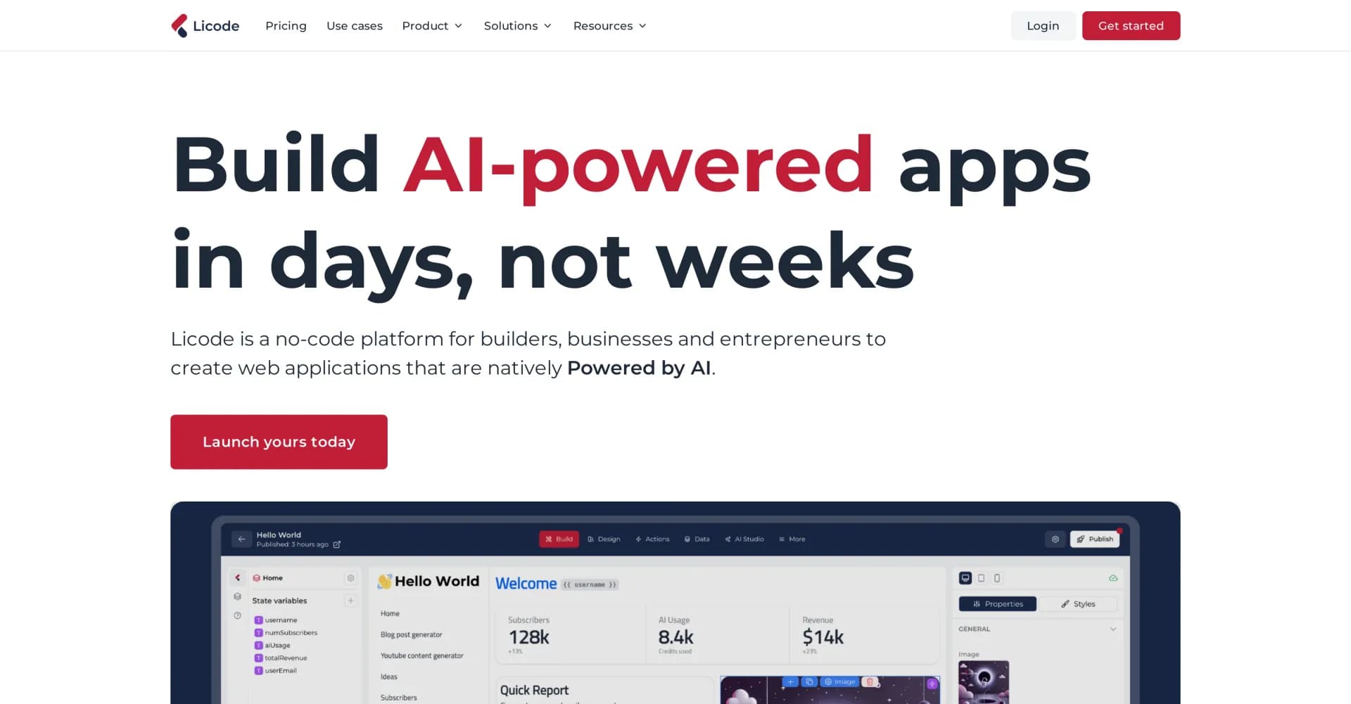 Licode homepage screenshot — Build AI-powered web apps without coding.