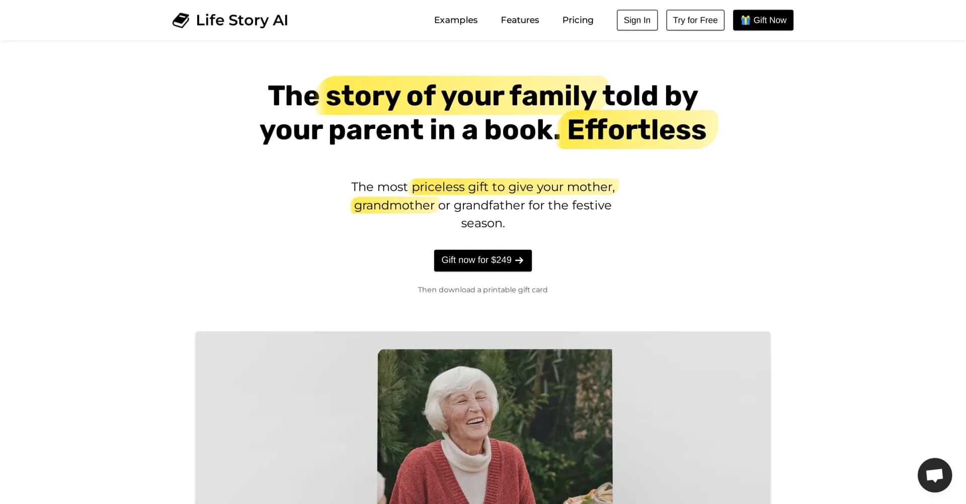 Life Story AI homepage screenshot — Your family's story, effortlessly turned into a book by AI.