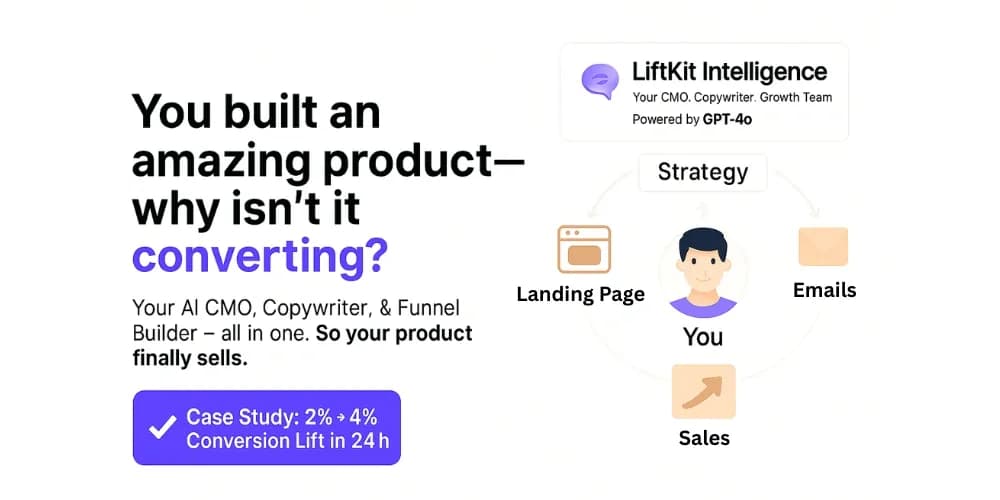 LiftKit homepage screenshot — Turn ChatGPT into your entire marketing team.