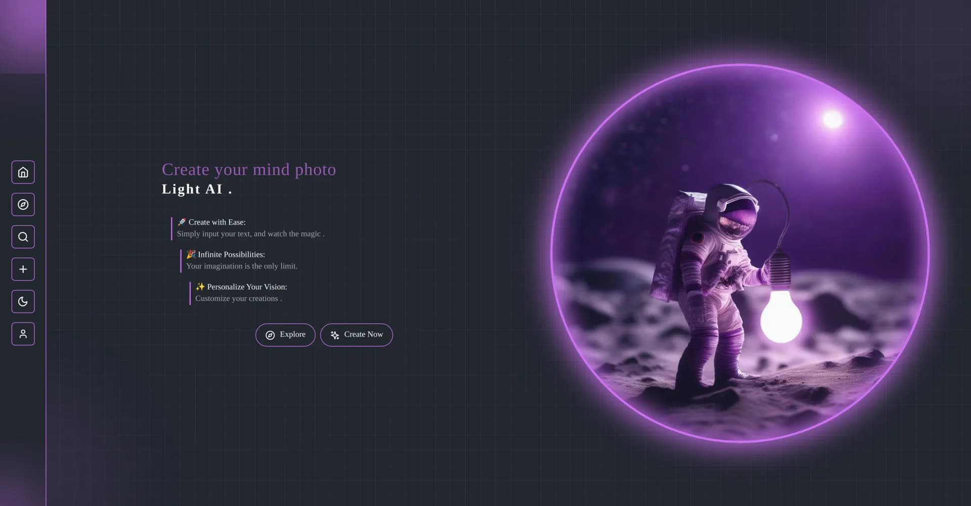 Light AI homepage screenshot — Create stunning AI-generated images effortlessly