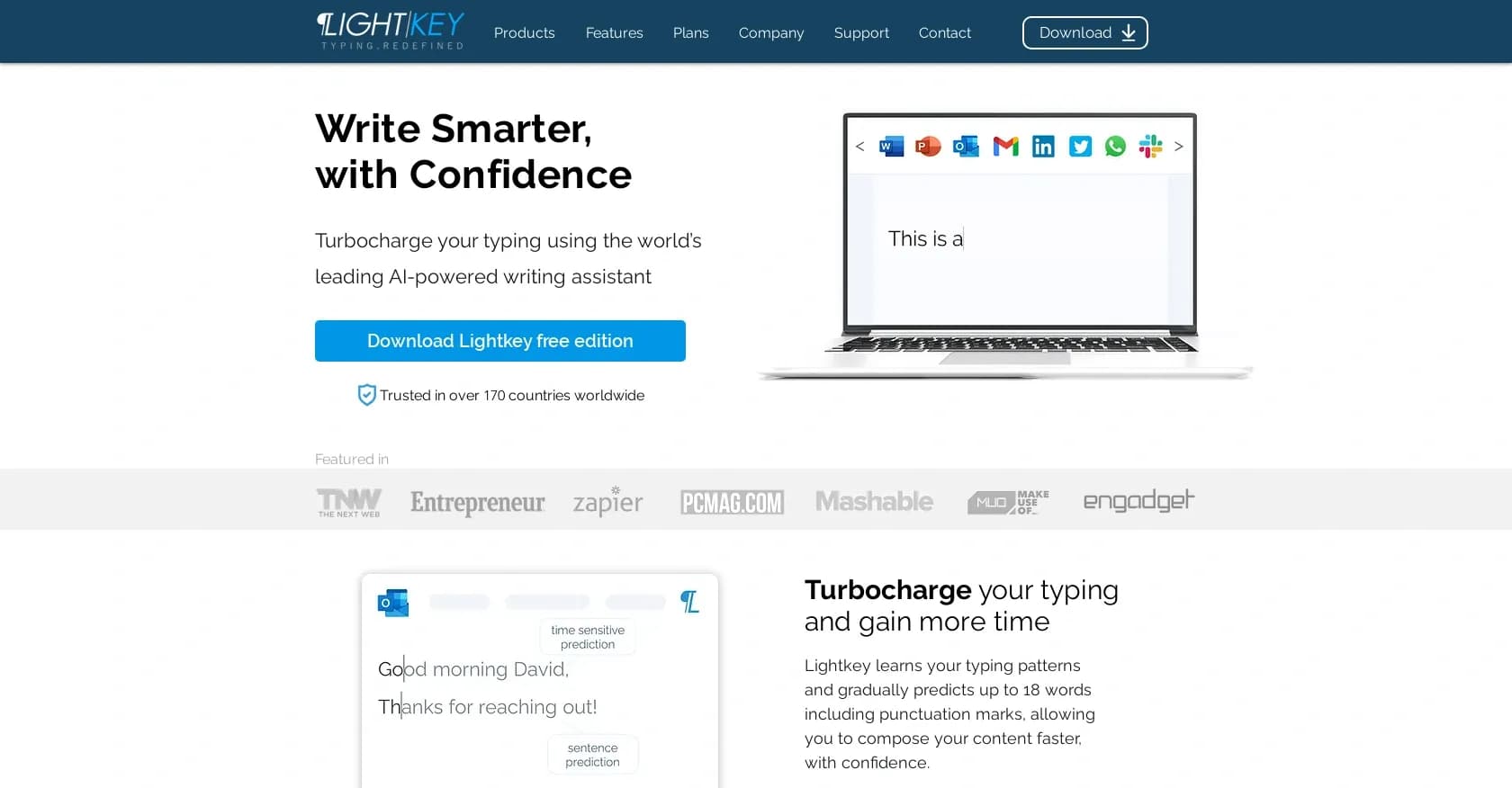 Lightkey homepage screenshot — AI-powered predictive typing for Windows apps.