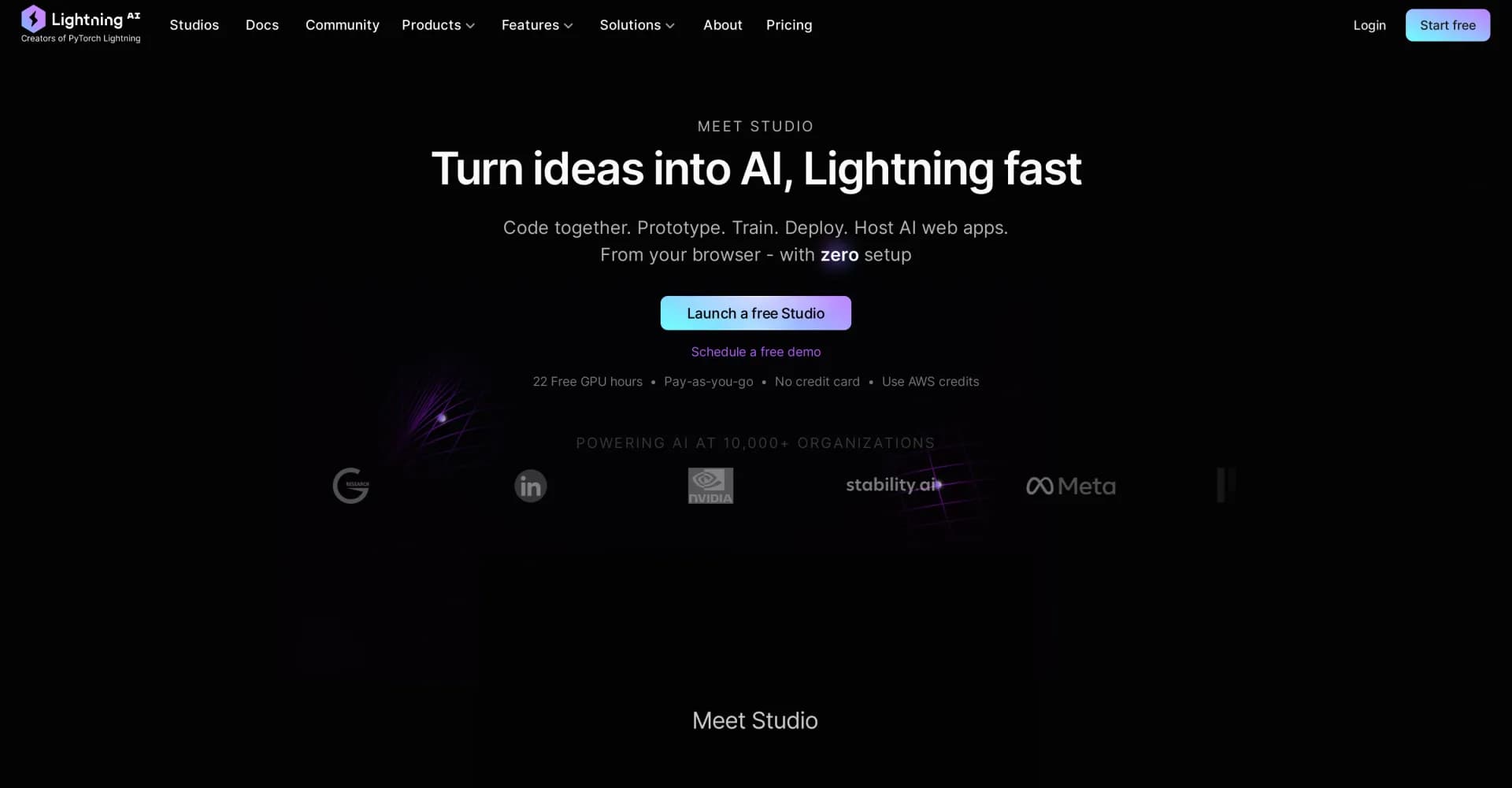 Lightning AI homepage screenshot — AI development from browser to scale.