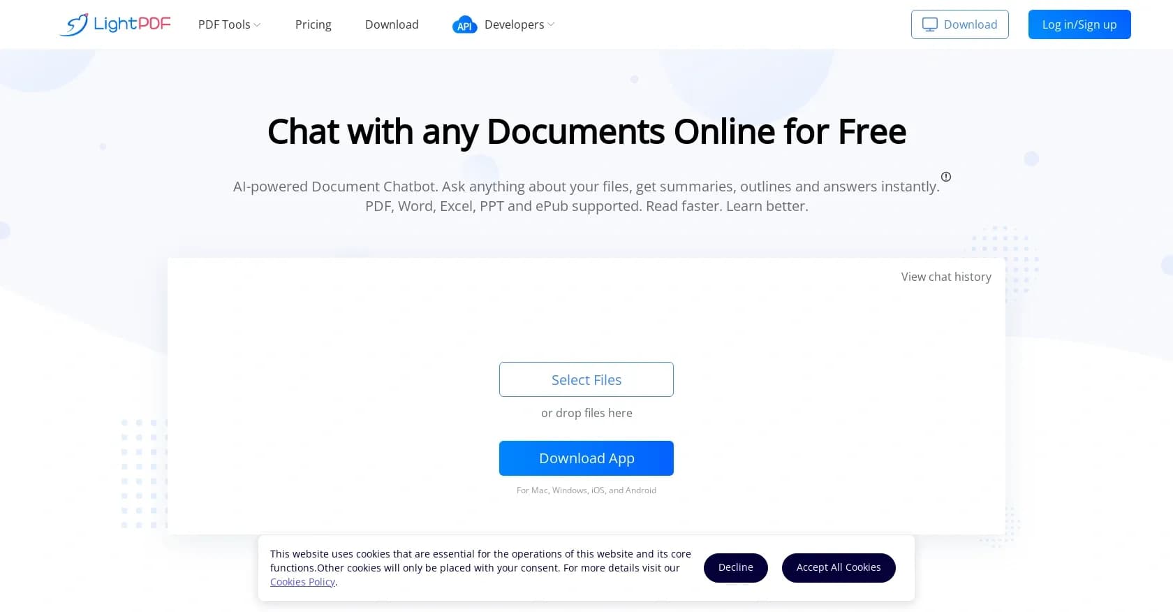 LightPDF homepage screenshot — Chat with documents instantly in 100+ languages.