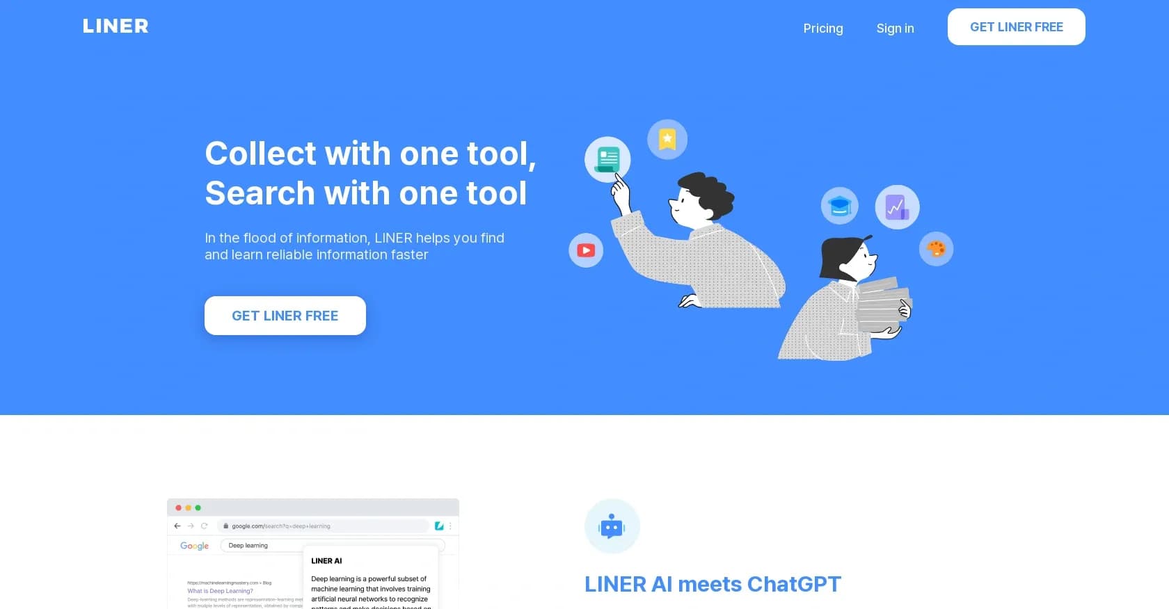 Liner homepage screenshot — Find and learn reliable information faster.