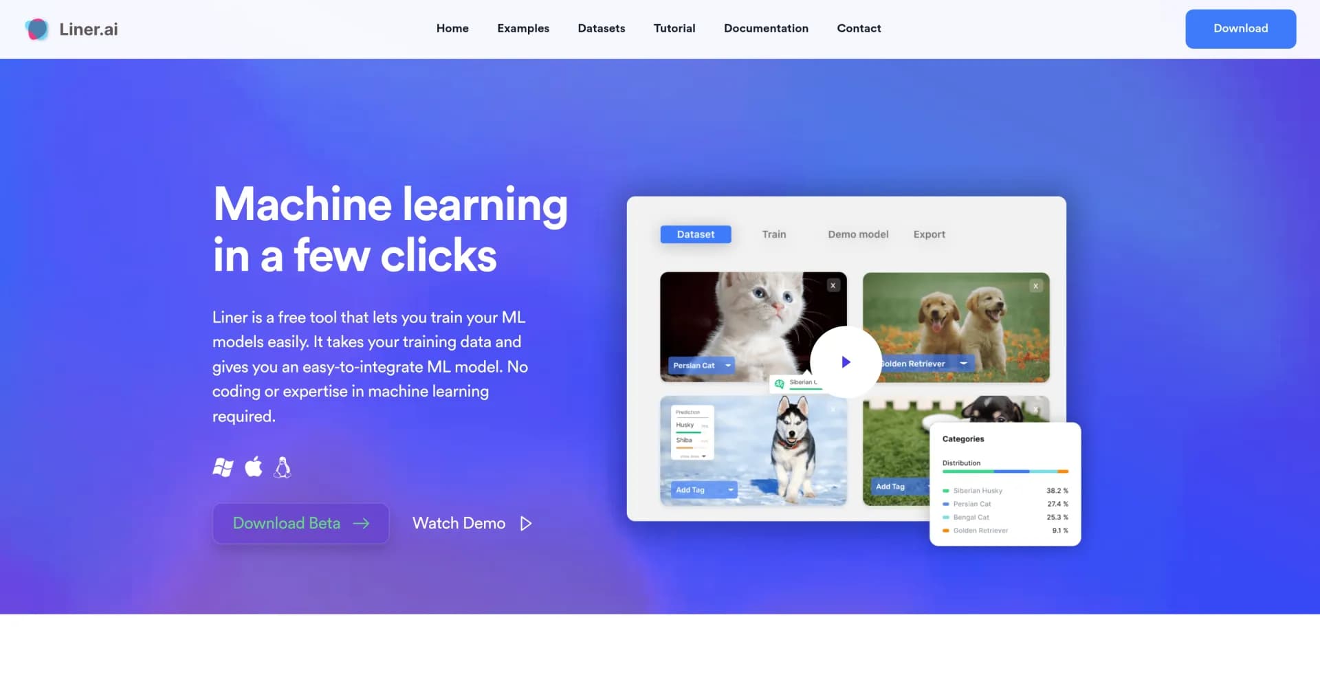 LinerAI homepage screenshot — Machine learning in a few clicks