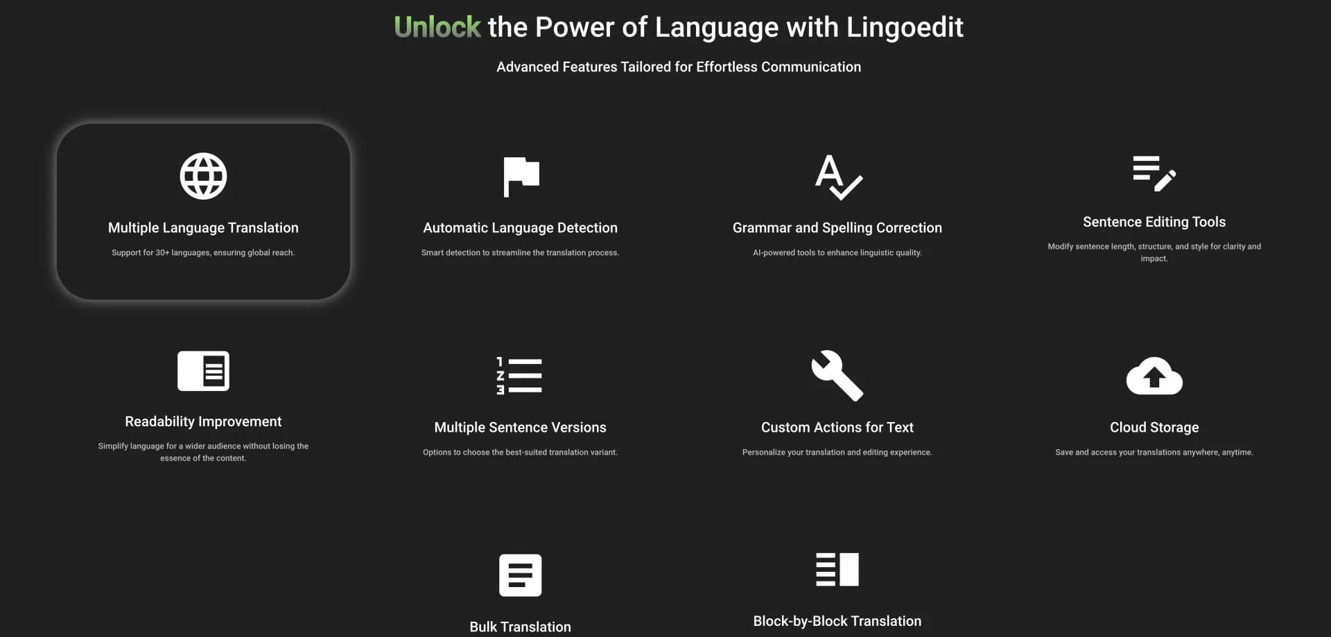 Lingoedit homepage screenshot — AI-powered writing assistant for flawless English