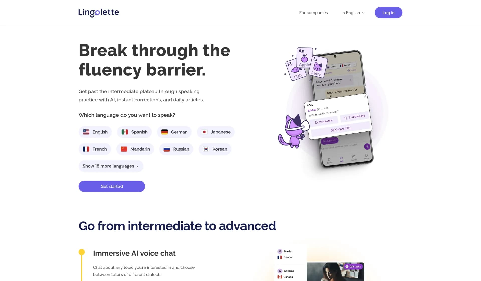 Lingolettev2025.04 homepage screenshot — Break through the fluency barrier.