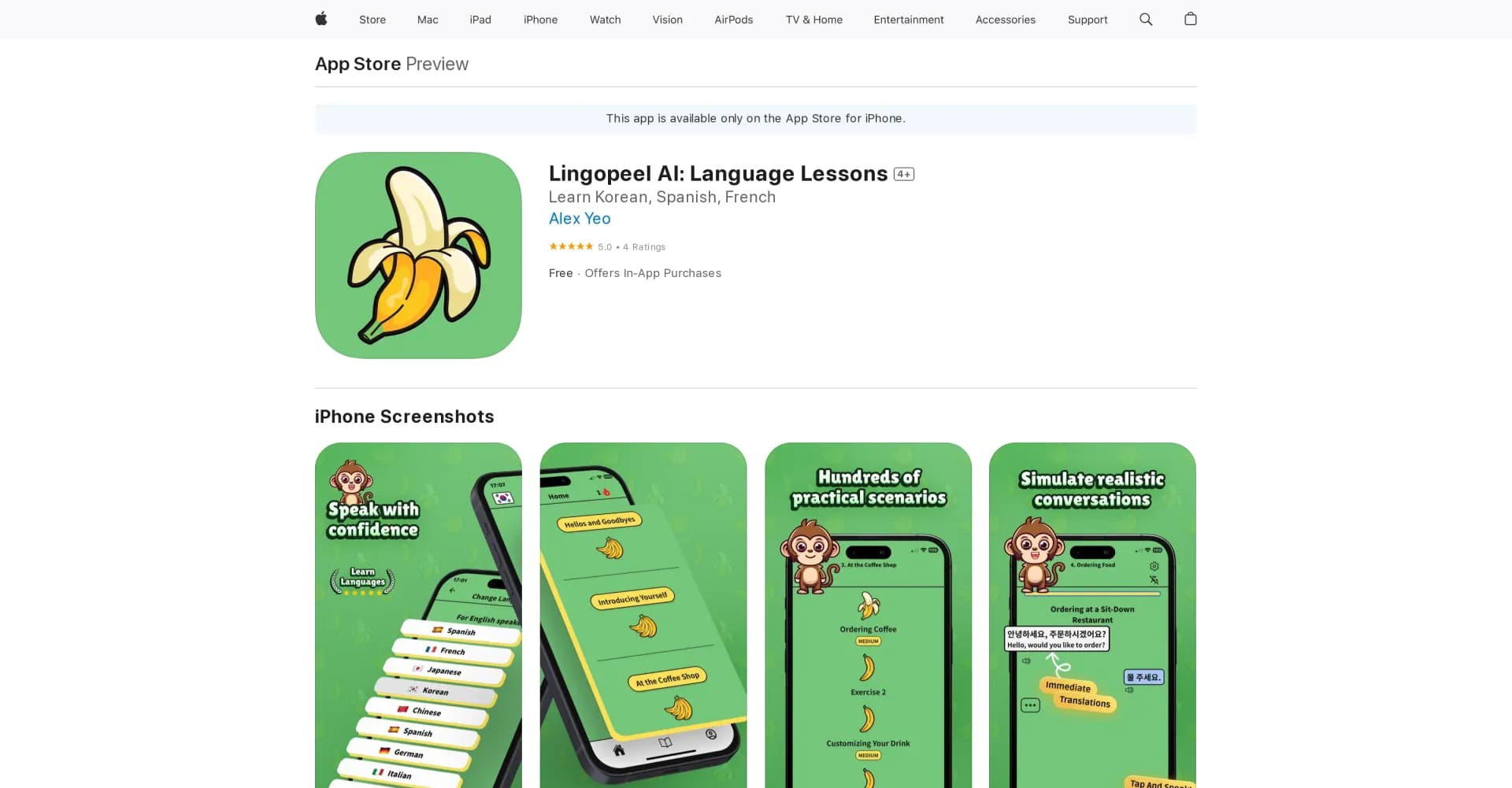 Lingopeel AI homepage screenshot — Conversational language learning made easy.