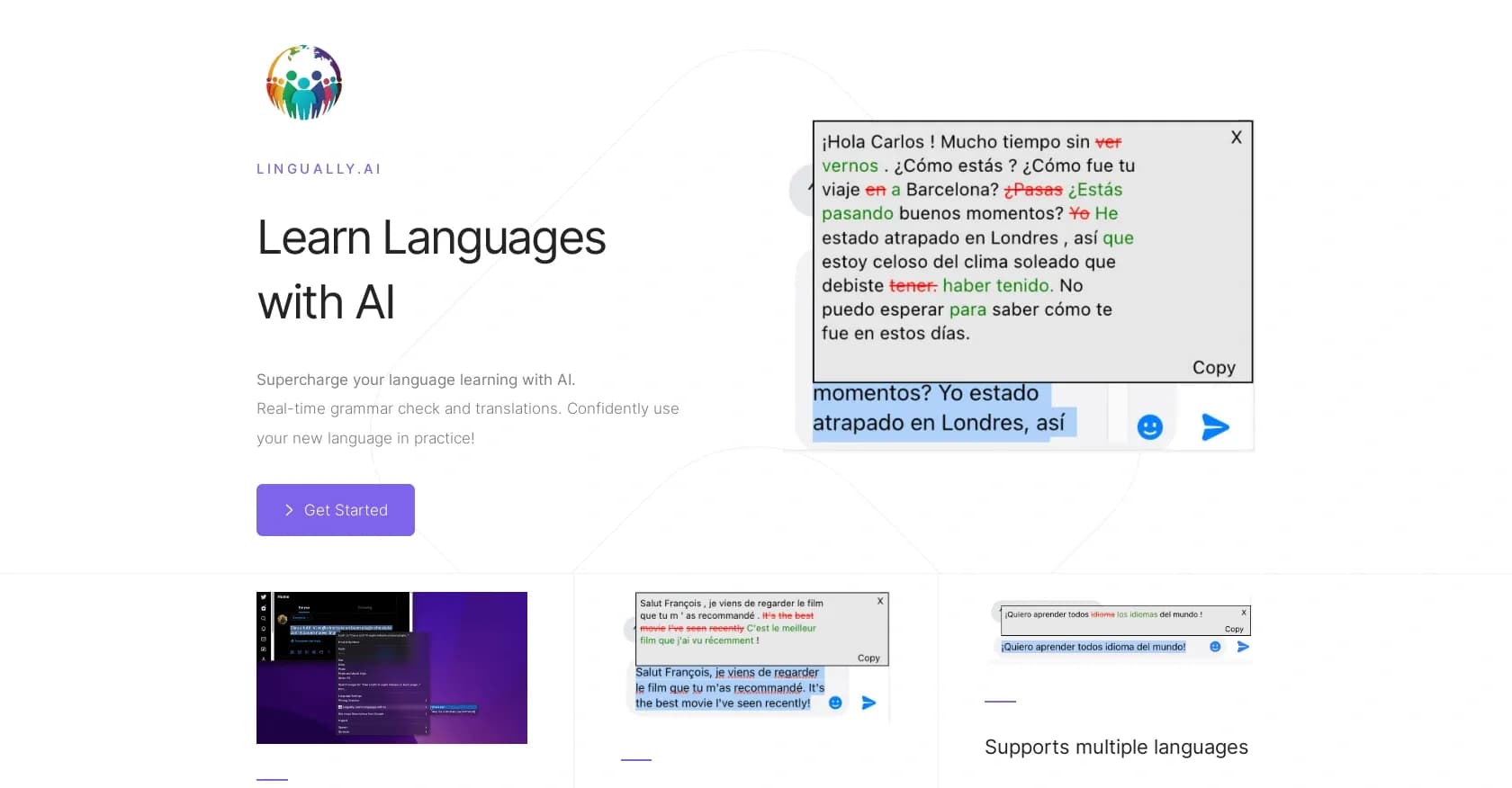Lingually homepage screenshot — Supercharge language learning with AI-powered grammar checks