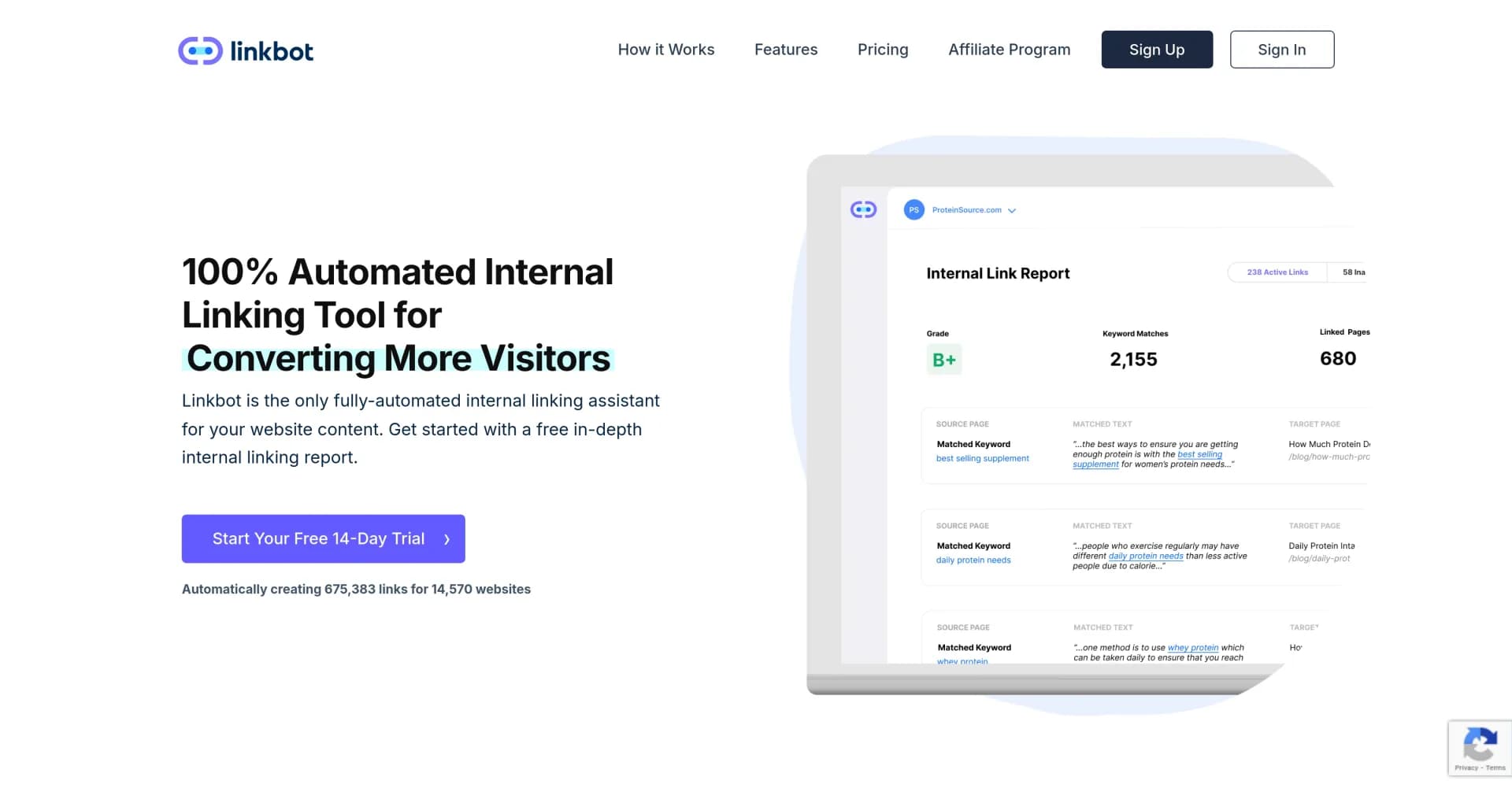 Linkbot homepage screenshot — Automate internal linking for better SEO