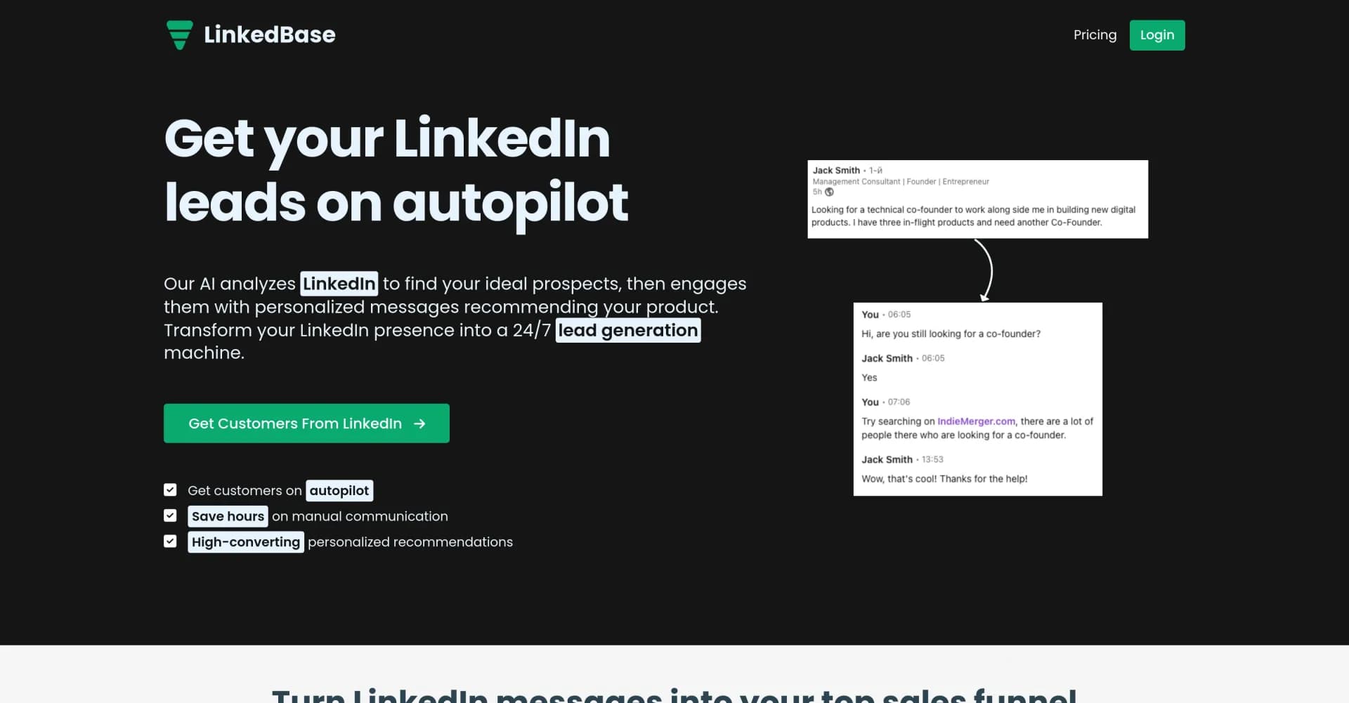 LinkedBasev1.1.0 homepage screenshot — AI-powered LinkedIn lead generation on autopilot
