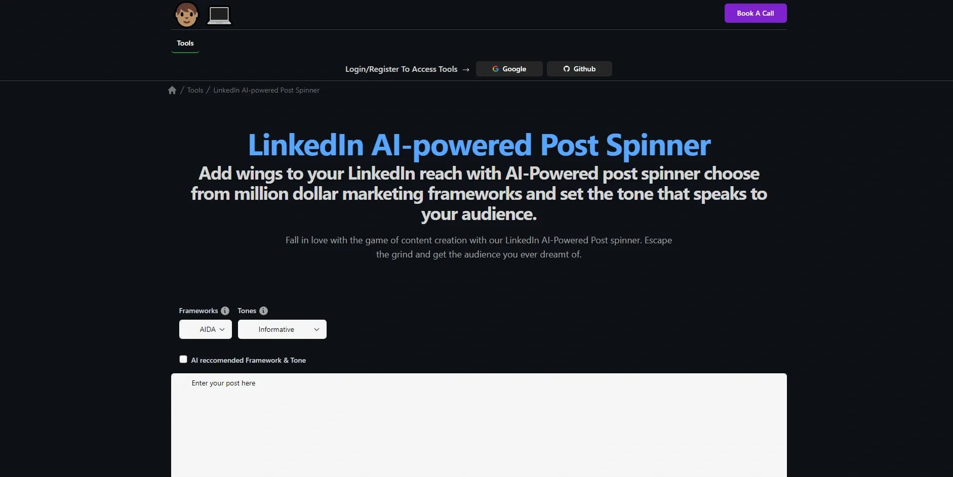 Linkedin Post Spinner homepage screenshot — Supercharge LinkedIn reach with AI-powered post spinner.