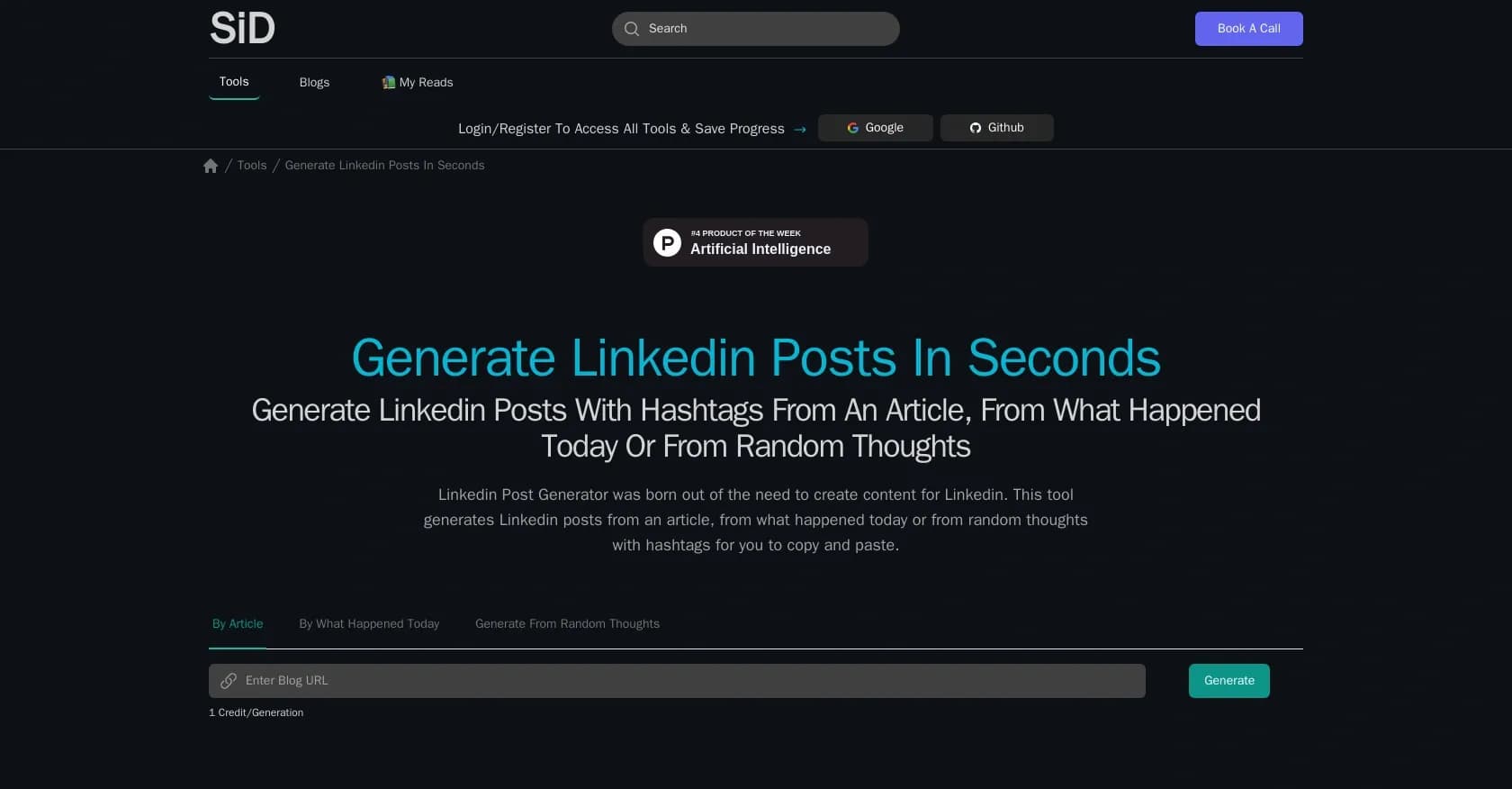 Linkedin Posts Generator homepage screenshot — Generate LinkedIn posts with hashtags in seconds