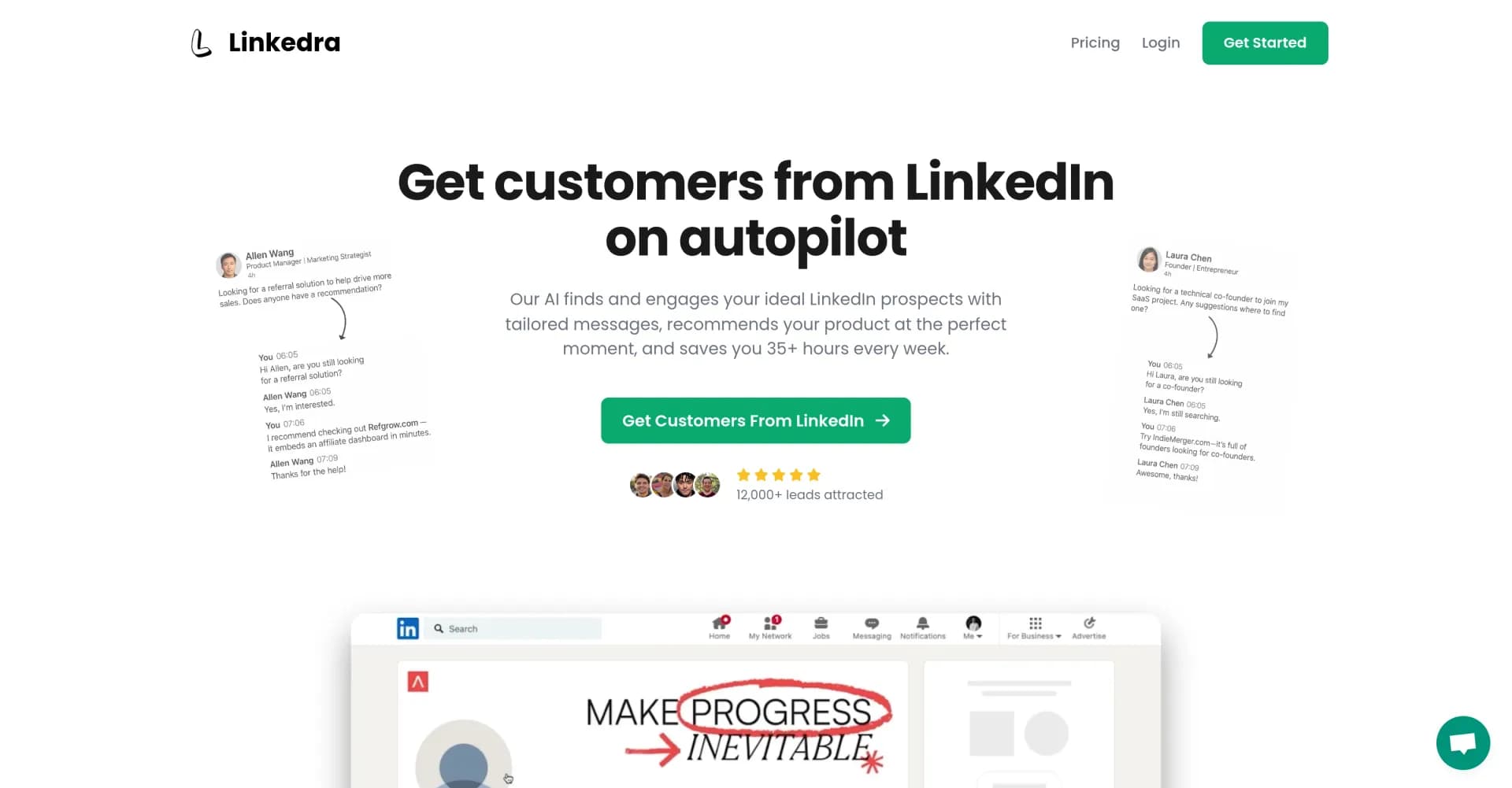 Linkedra homepage screenshot — AI-powered LinkedIn automation for effortless customer acqui