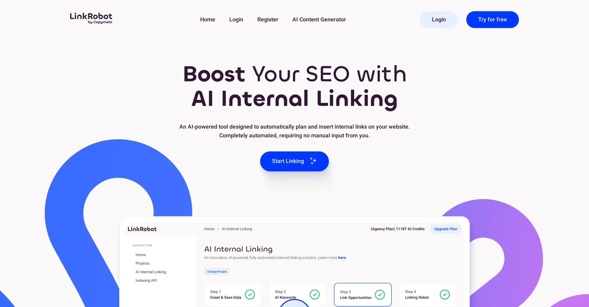 LinkRobot homepage screenshot — Boost SEO with AI-powered internal linking