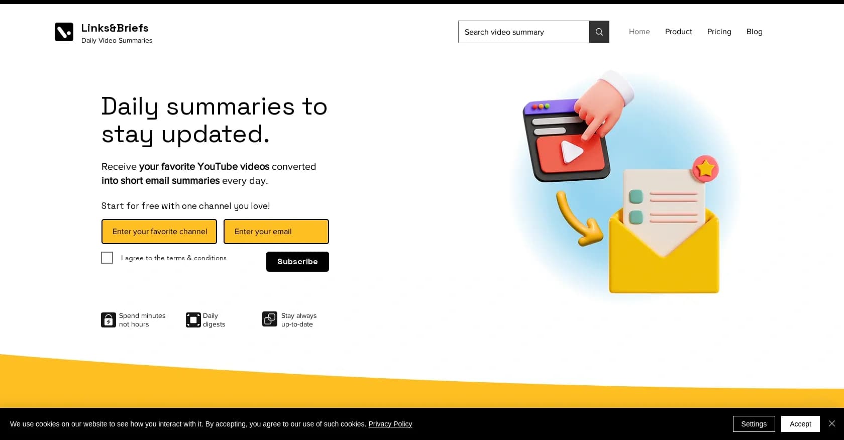 Links & Briefs homepage screenshot — Daily YouTube summaries from your favourite channels.