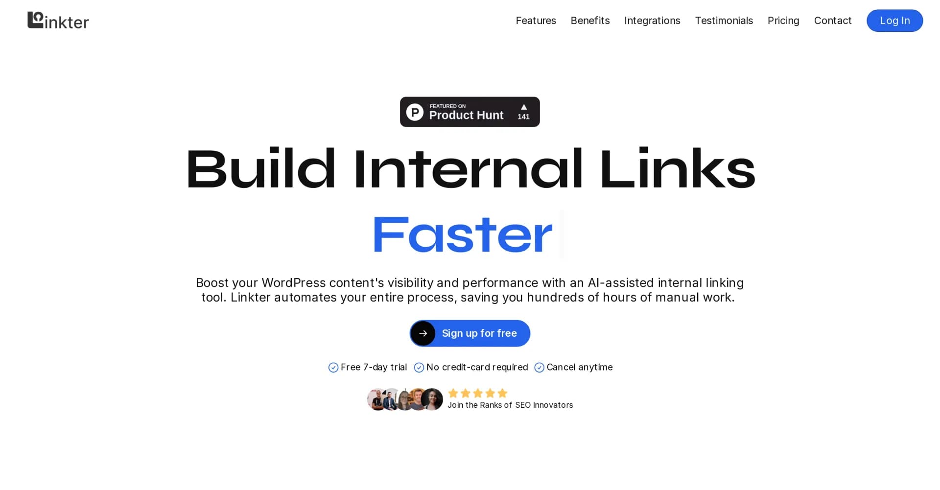 Linkter homepage screenshot — AI-powered internal linking for SEO superstars.
