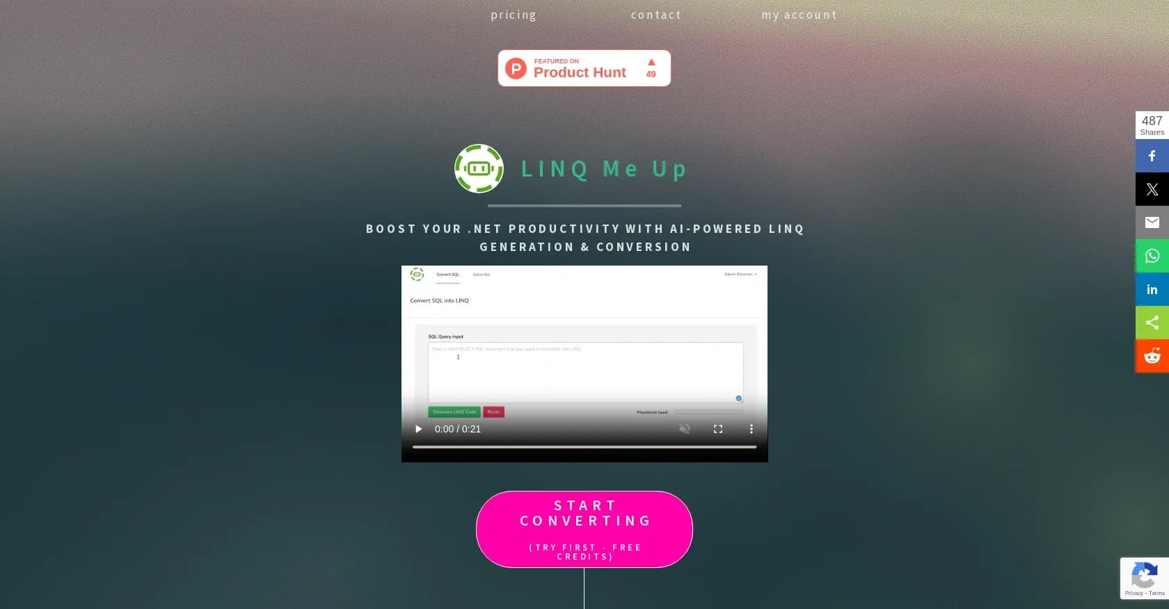 LINQ Me Up homepage screenshot — AI-powered LINQ generation and conversion for .NET developer