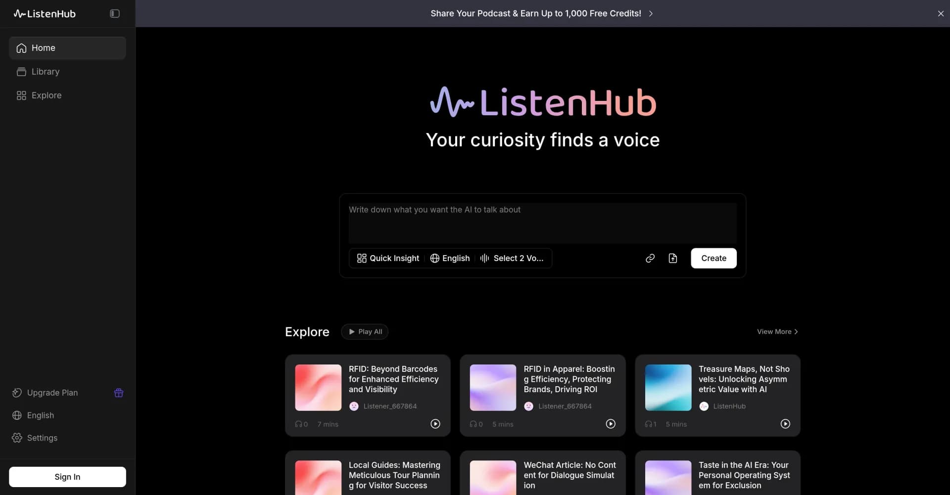 ListenHub homepage screenshot — Turn any content into realistic AI podcasts.