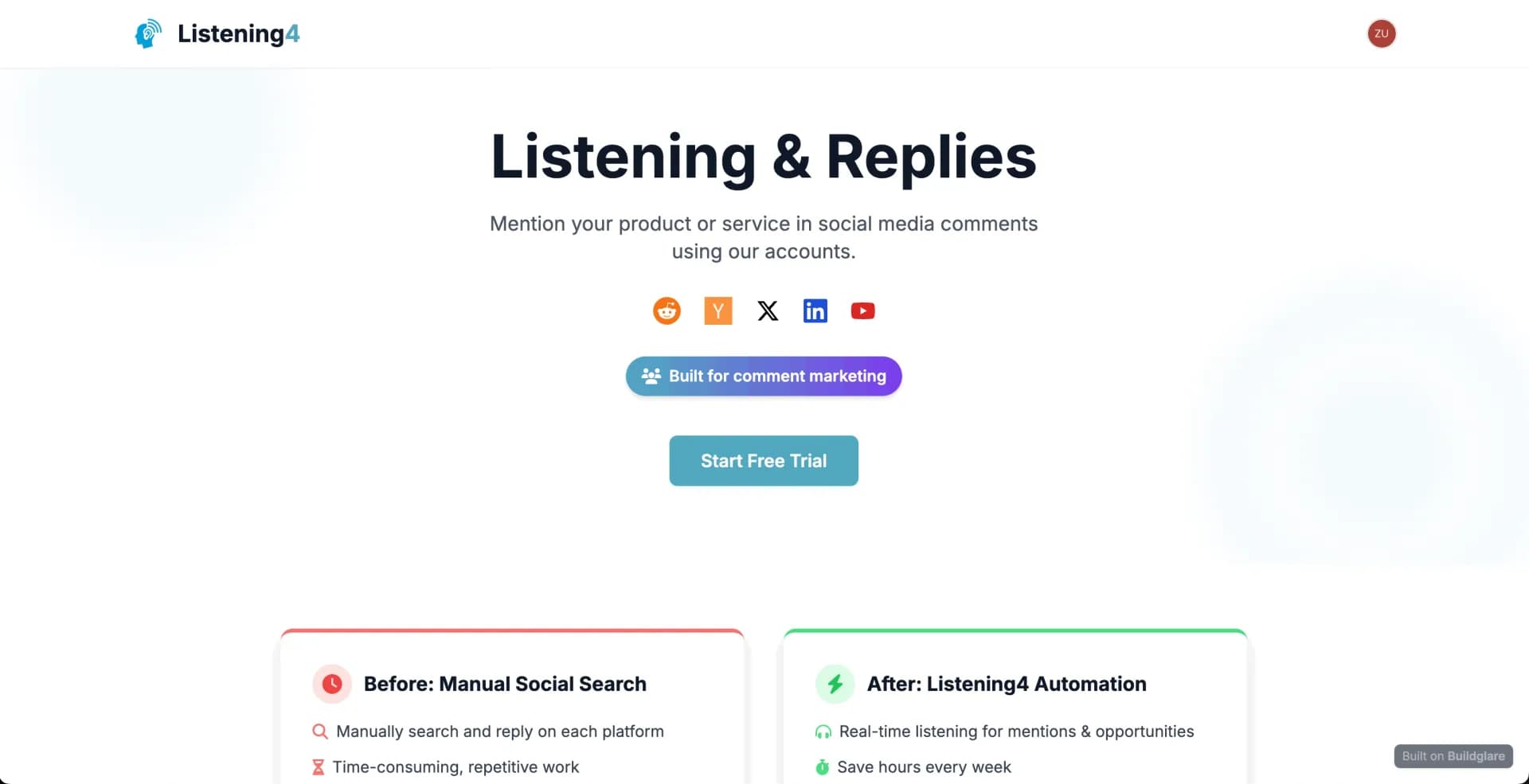 Listening4 homepage screenshot — Mention your product or service in social media comments usi