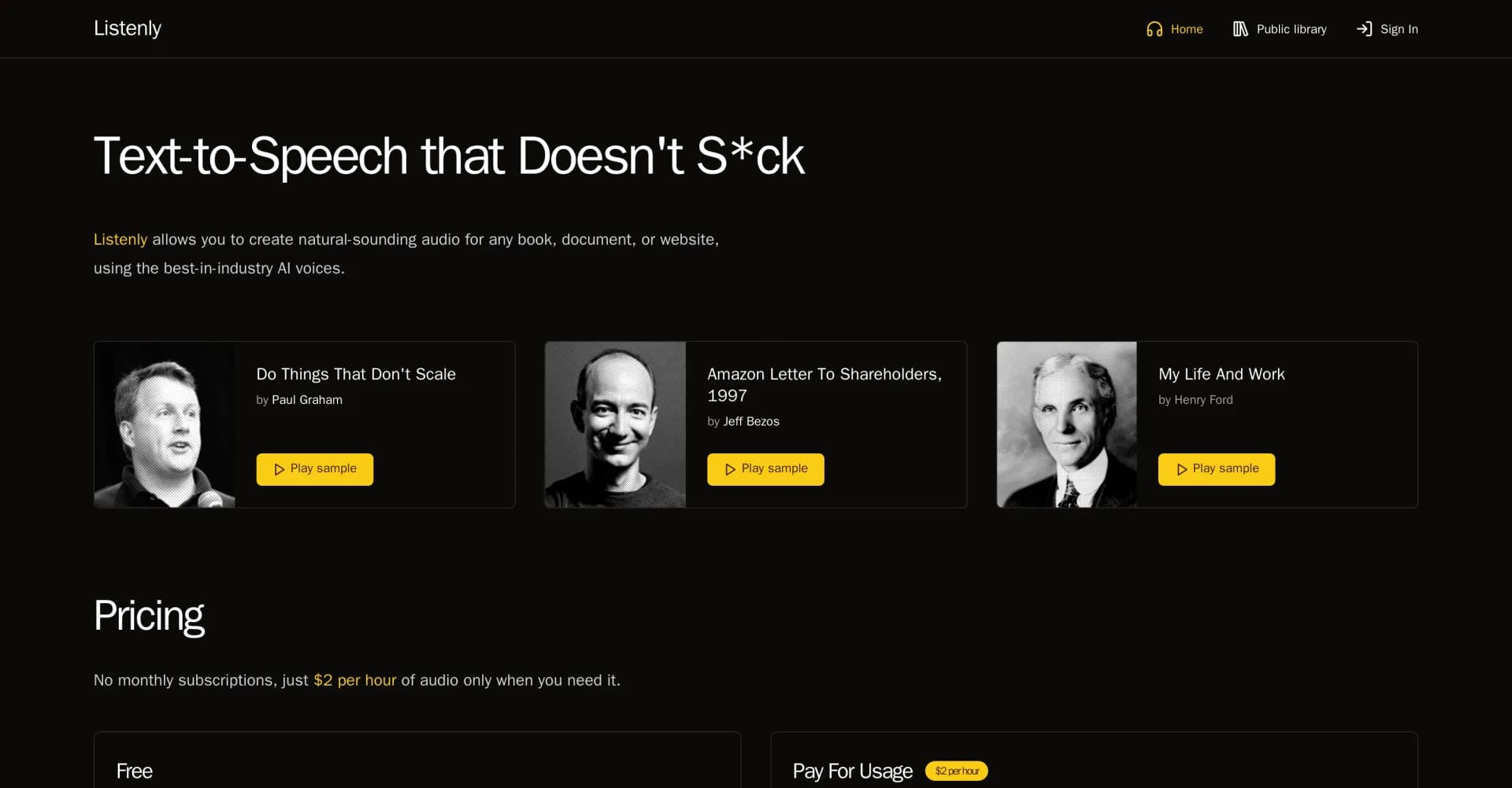 Listenly homepage screenshot — Turn text into natural-sounding audio with AI voices.
