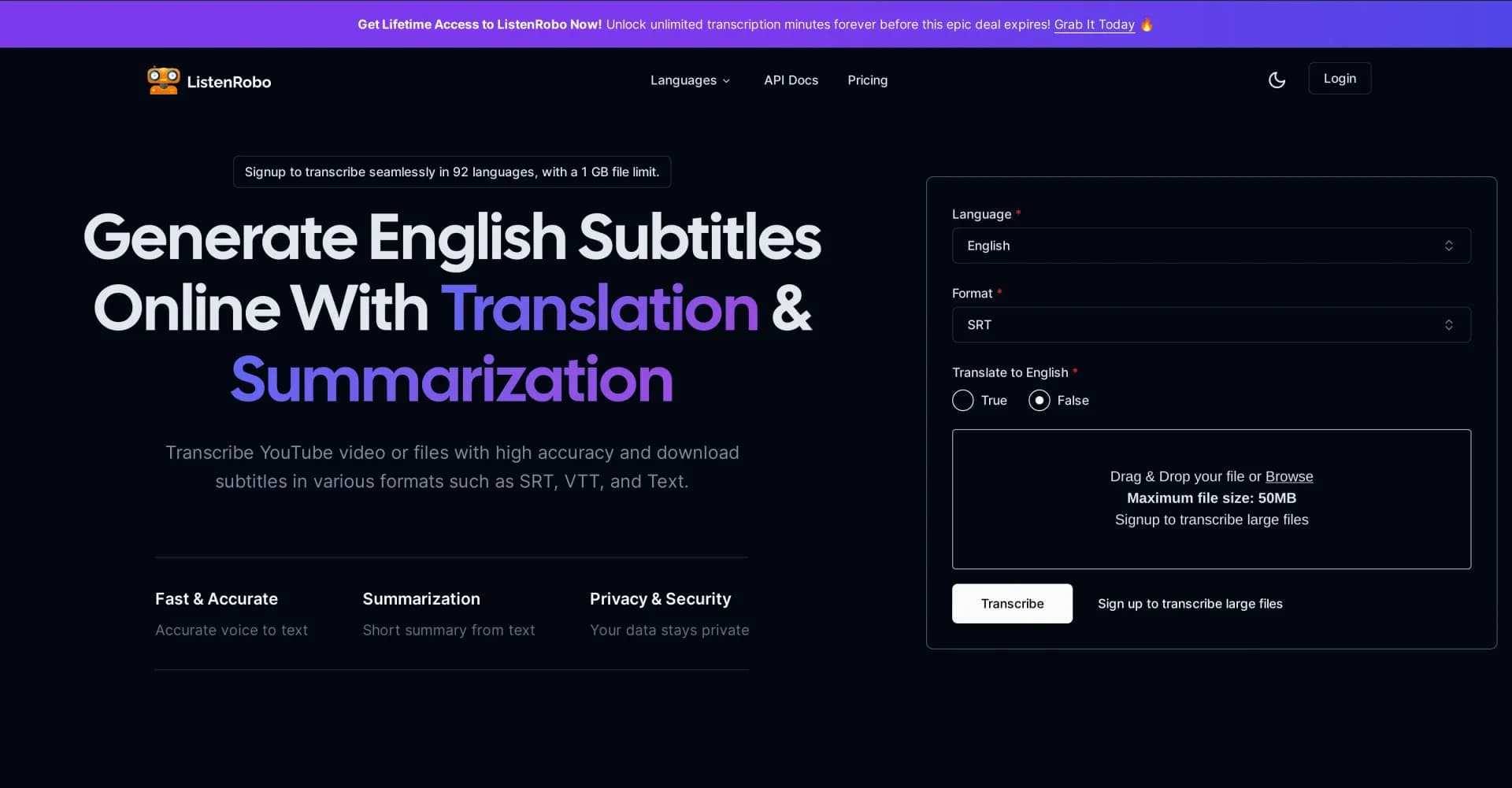 ListenRobo homepage screenshot — Convert audio to text and subtitles effortlessly.