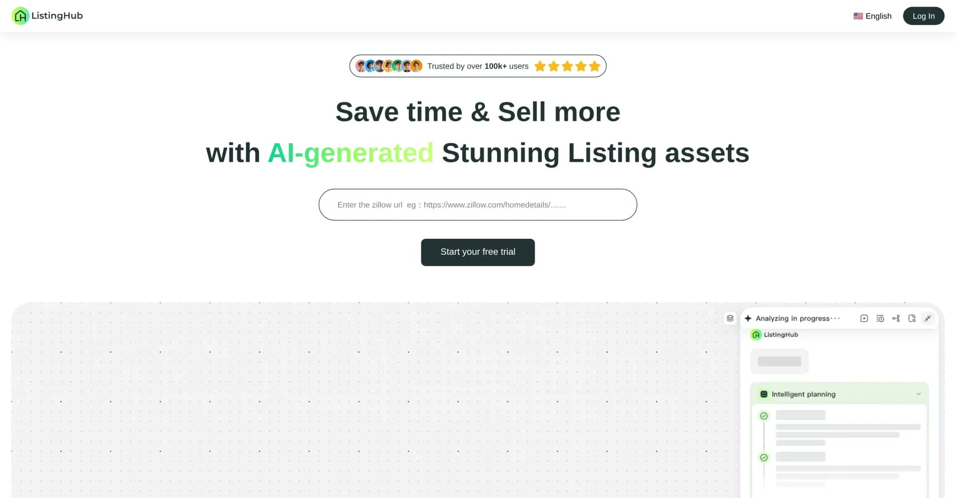ListingHub homepage screenshot — AI-powered real estate listing and marketing tools.